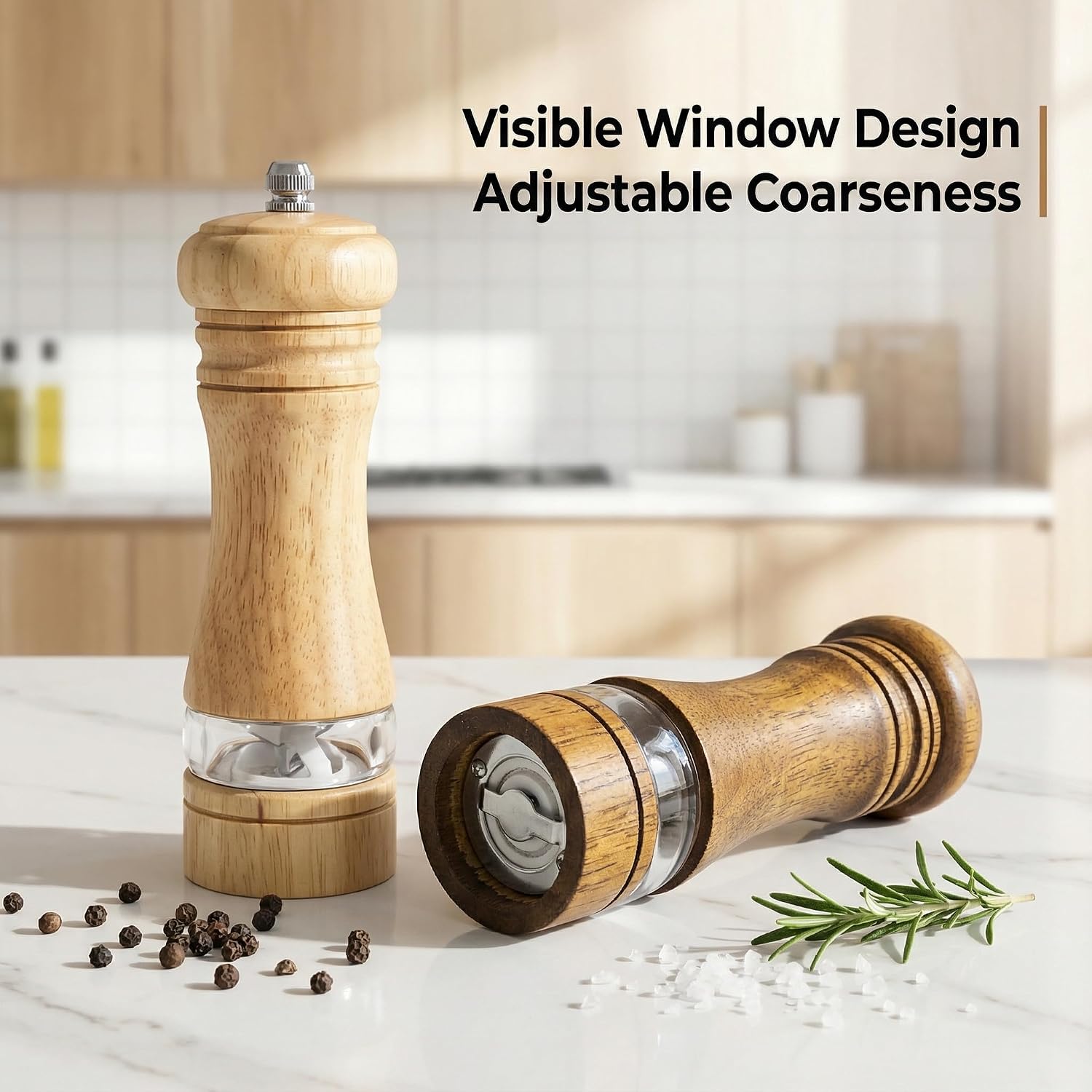 Pepper Grinder, 2pcs Manual Pepper Mill With Visible Acrylic Window, Refillable Wood Salt And Pepper Grinder Set Spice Mill Adjustable Ceramic Rotor Spice Grinder For Kitchen Cooking Seasoning