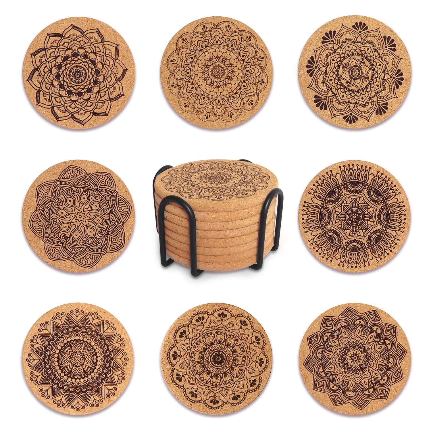 TMEOSK Drink Coasters - 8 - Piece Cork Coasters Set with Unique Patterns for Cups, Mugs, Glasses - Reusable, Round Cup Mats for Home, Office, Bar, Restaurant - Eco-Friendly, Log color