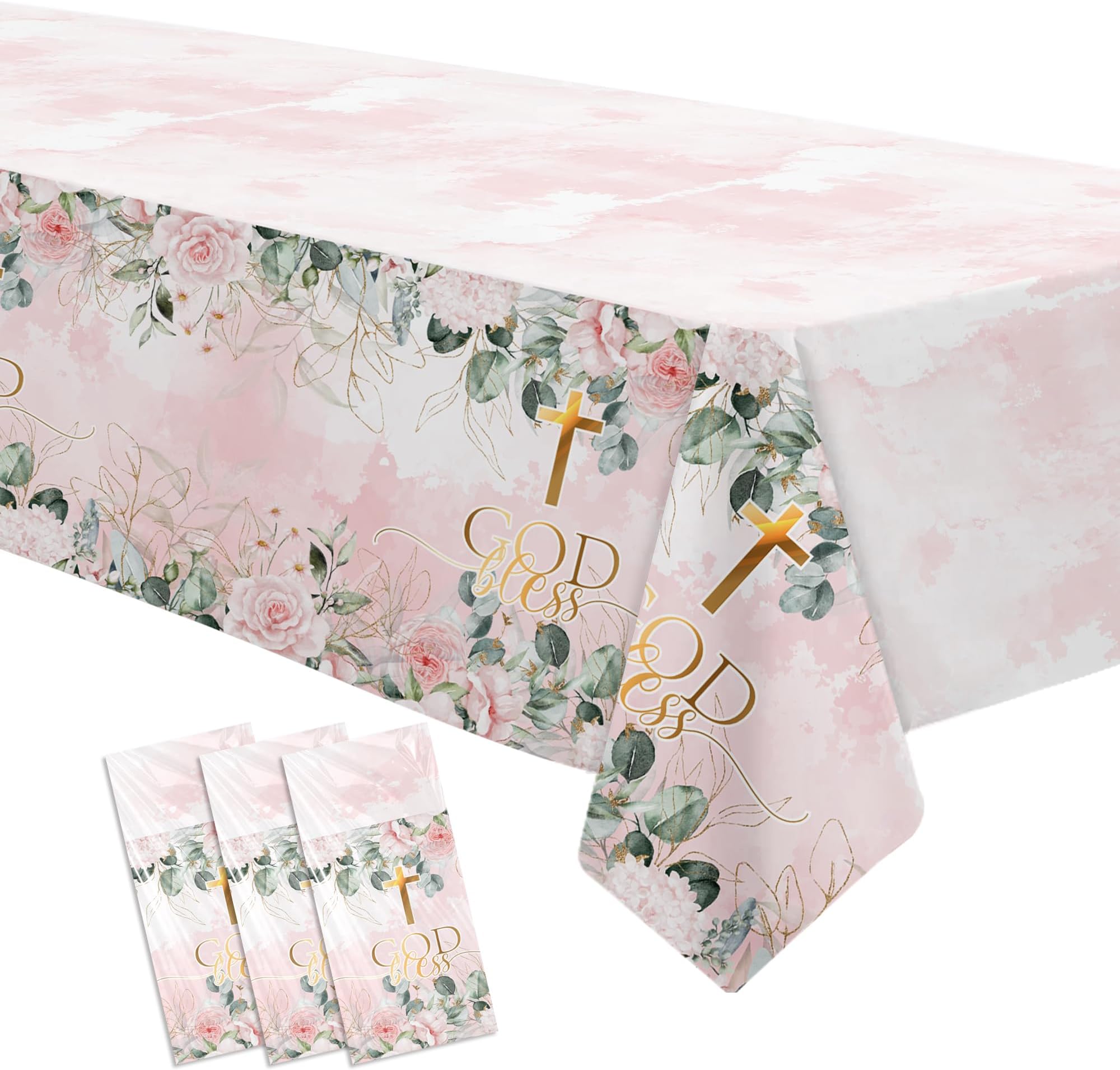 God Bless Baptism Decorations Tablecloth Girls - First Communion Decorations Party Table Cover, Pink Christening Celebration Baby Shower Religious Table Cloth, 3 Pack (54in x 108in)