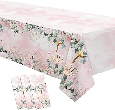 God Bless Baptism Decorations Tablecloth Girls - First Communion Decorations Party Table Cover, Pink Christening Celebration Baby Shower Religious Table Cloth, 3 Pack 54in x 108in