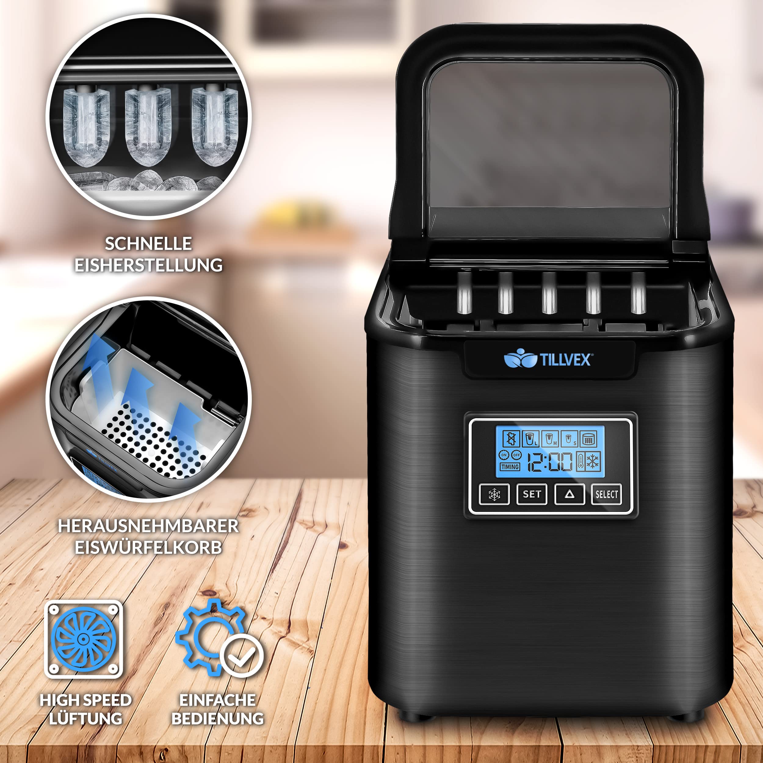 tillvex Eiswürfelmaschine Edelstahl 12 kg - 24 h | Eiswürfelbereiter mit Timer und 2,2 Liter Wassertank | Ice-Maker LCD-Display & Selbstreinigungsfunktion | 3 Eiswürfel Größen (Schwarz)