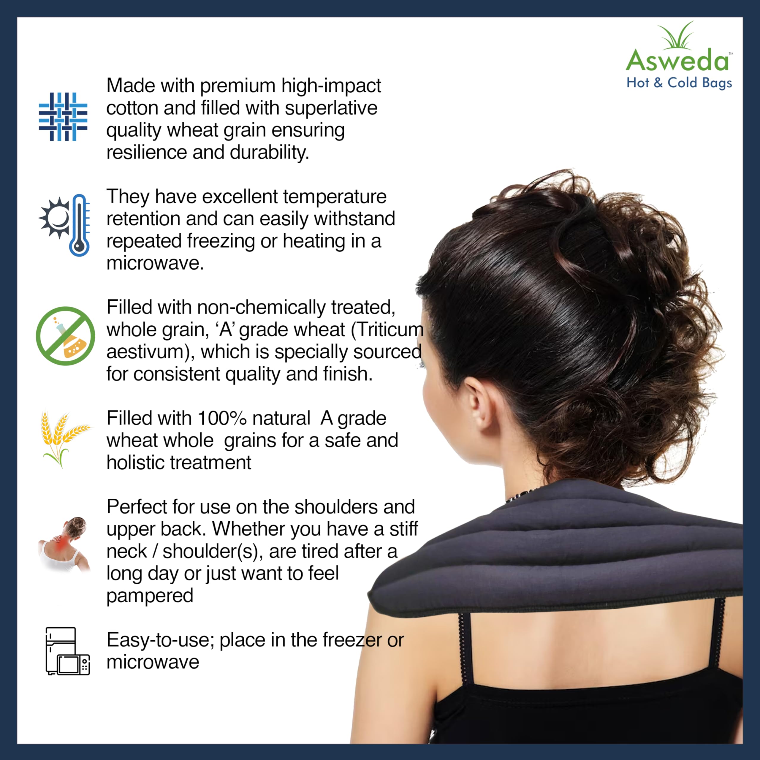 Asweda Hot & Cold Bags Shoulder Pain Relief Wheat Heat Pack | Microwaveable Hot Cold Therapy Pad for Neck, Upper Back, Muscle, Joint, Swelling, Injury & Relaxation | Reusable Natural Heating Ice Compress (Blue) — Amazon image 3
