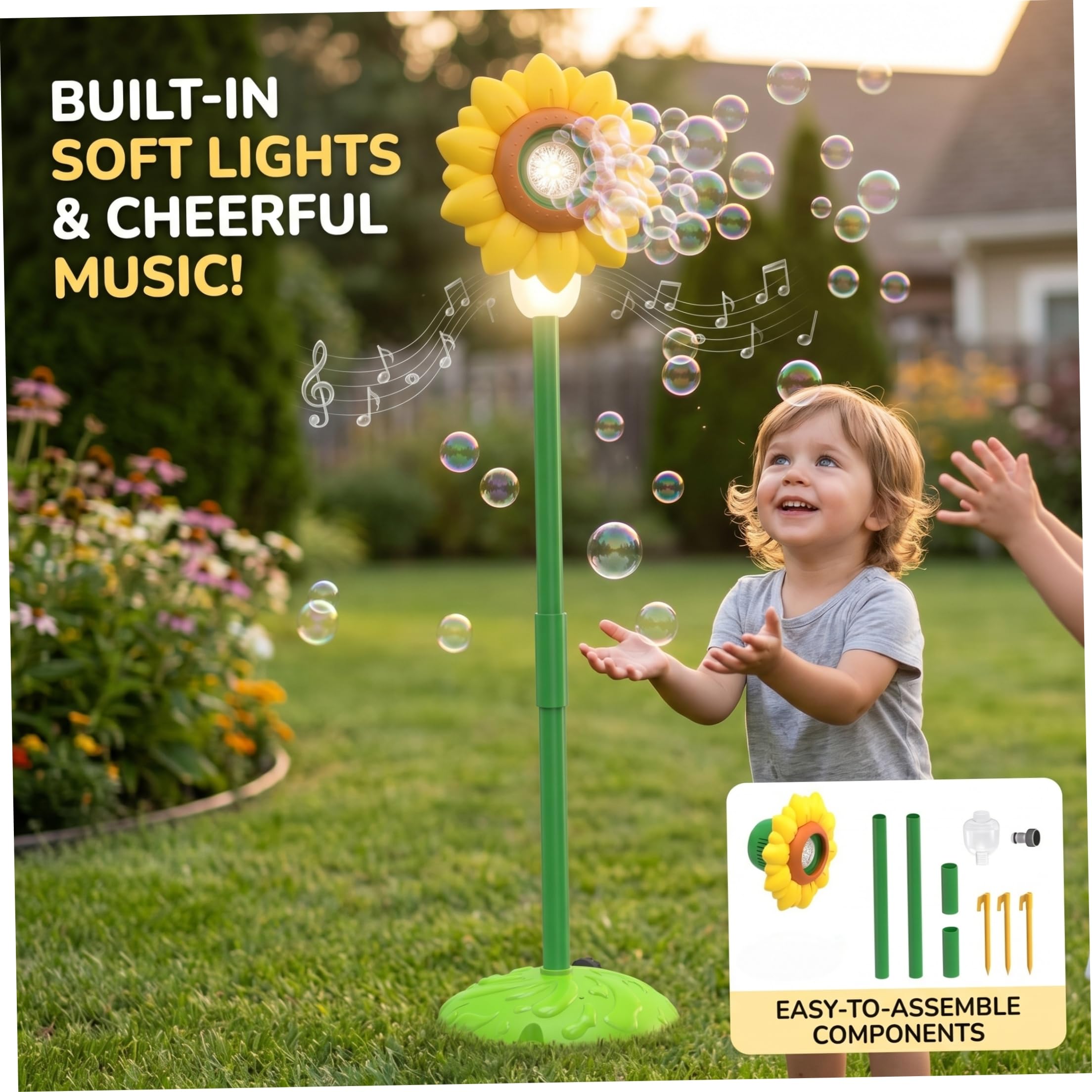 Automatische Seifenblasenmaschine Automatische Seifenblasenmaschine für Kinder, Sonnenblume Stehfackel mit Spray, Lichtern & Musik Gelb