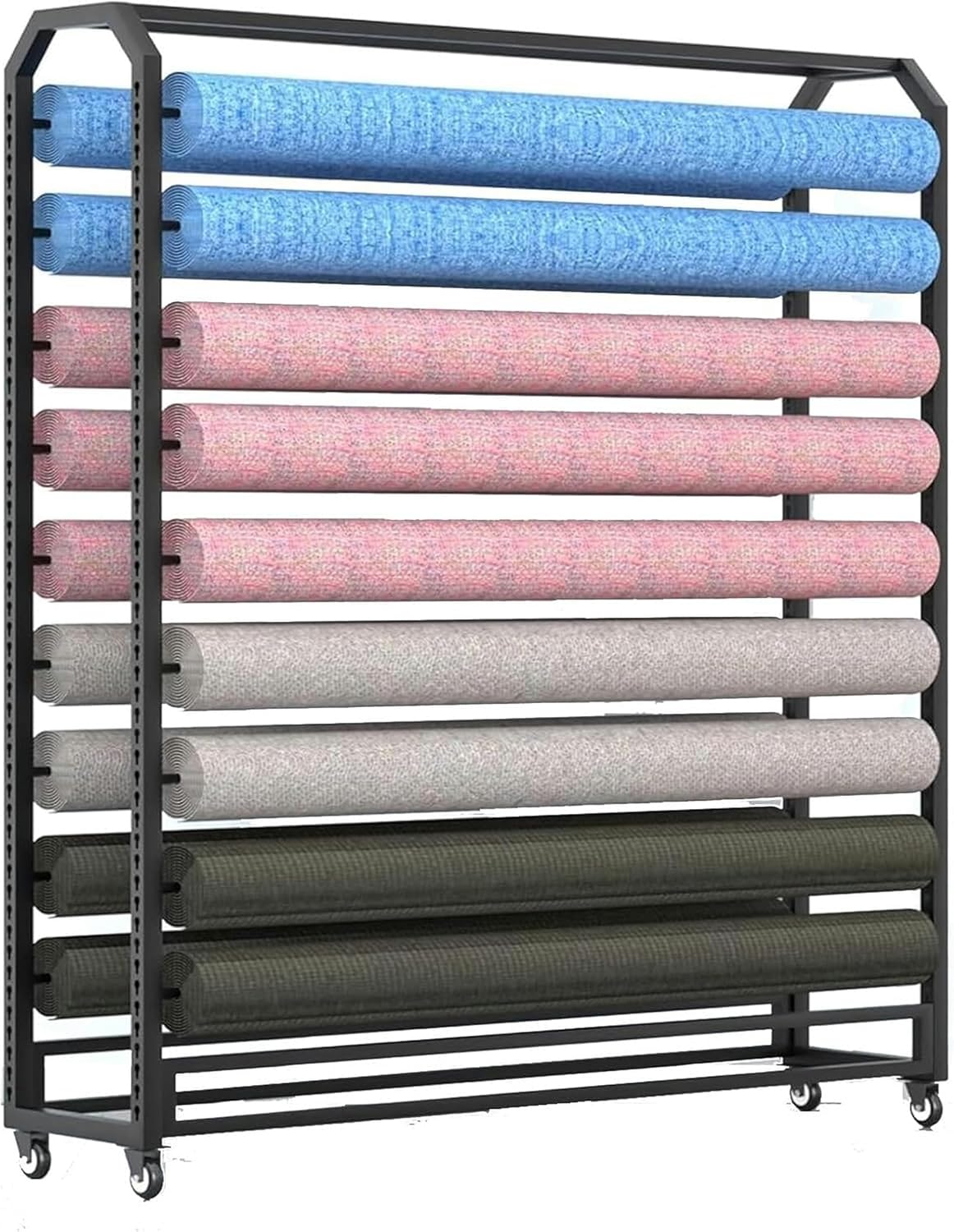 Commercial Fabric Display Rack, Large Hanging Shelf for Vinyl Spool/Car Color Change Film/Tablecloth/Wrapper, th Adjustable Rod & Brakeable Wheels