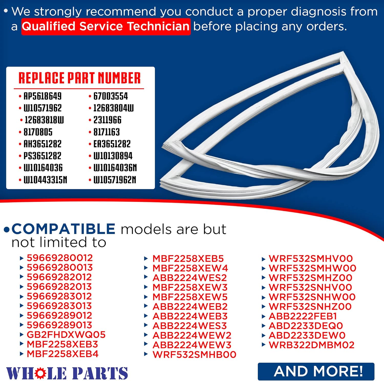 Whole Parts W10443315 Refrigerator Door Gasket (Magnetic Strip Inside) for Freezer Door - Replacement and Compatible with Some Amana, Jenn Air, Kenmore, Kitchen Aid, Maytag, Whirlpool Refrigerators
