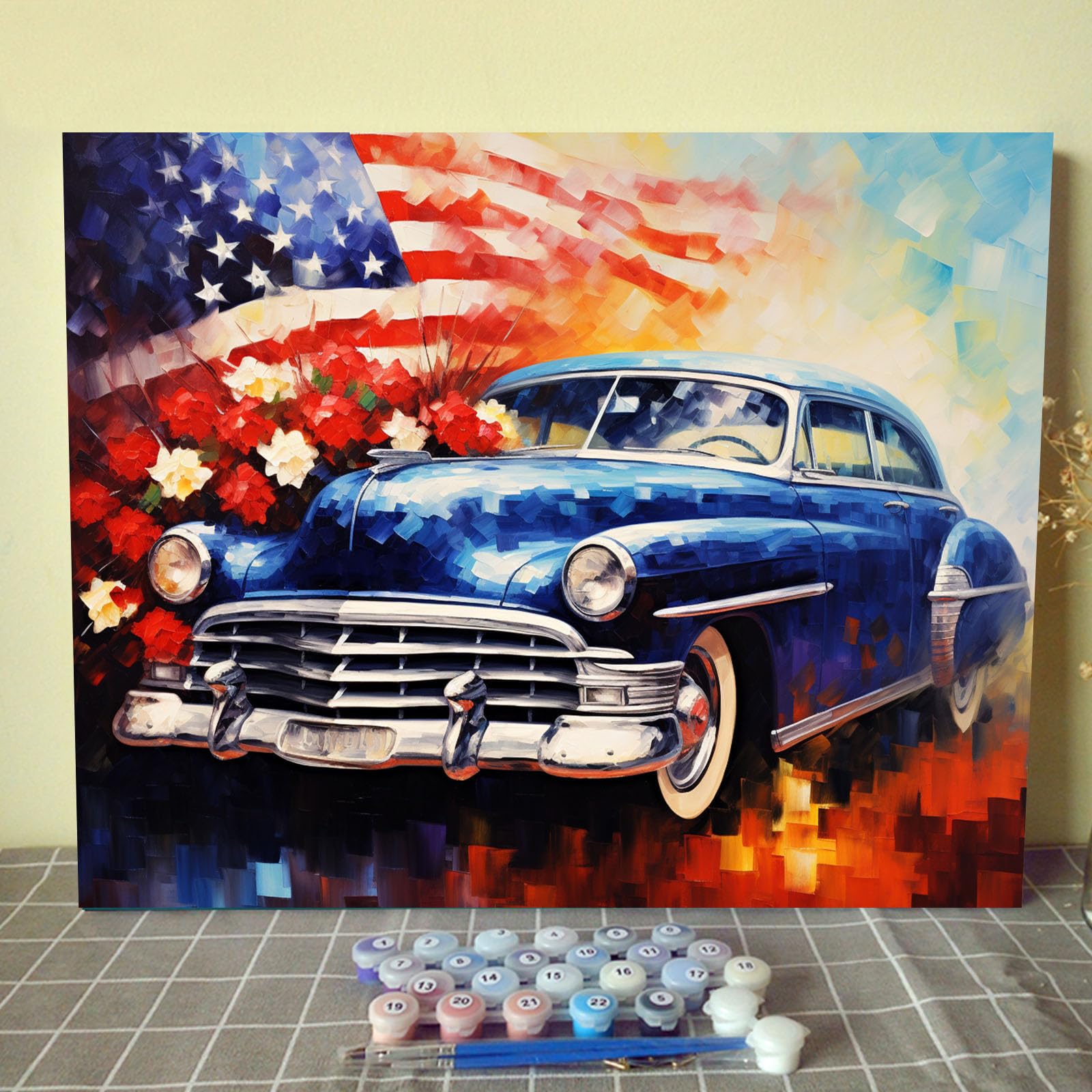 Tucocoo Retro Car Paint by Numbers Kits with Brushes and Acrylic Pigment on Canvas Painting for Adults, American Flag Romantic Flower Pictures for Home Wall Decor Gifts 16''x20'' (DIY Framed)