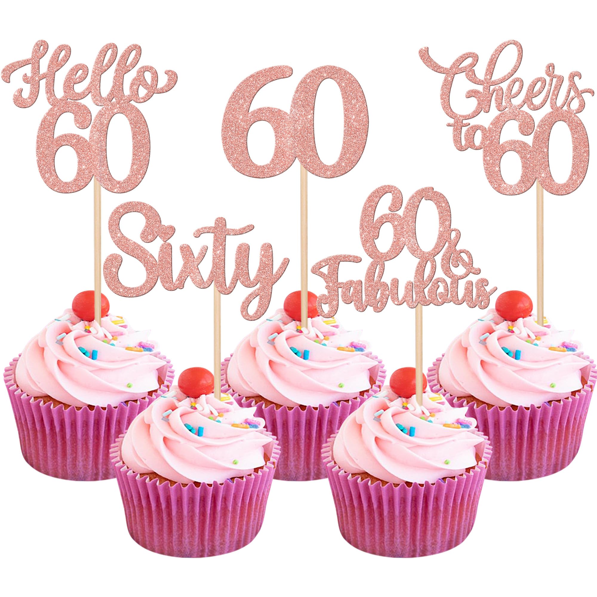 Xsstarmi 30 Pack Happy 60th Birthday Cupcake Toppers Glitter Hello 60 Fabulous Fifty Birthday Cupcake Picks Cheers to 60 Years Cake Decorations for Happy 60th Birthday Party Supplies Rose Gold