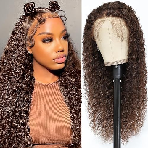 Pelucas de cabello humano ondulado profundo marrón de 13 x 4 pulgadas, pelucas frontales de encaje sin pegamento para mujeres negras, cabello humano