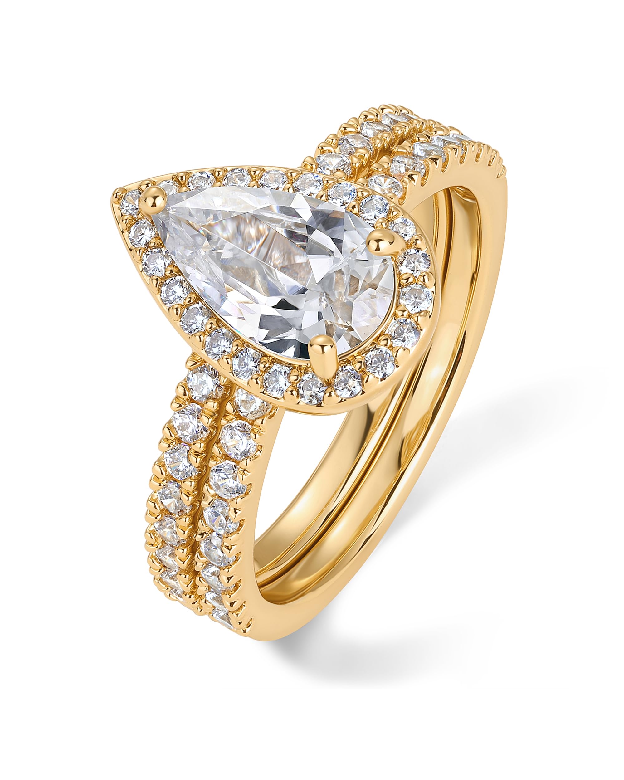 PAVOI 14K Gold Plated 1.7CT Pear Cubic Zirconia Eternity Engagement Ring Promise Ring Set for Women - Hidden Halo