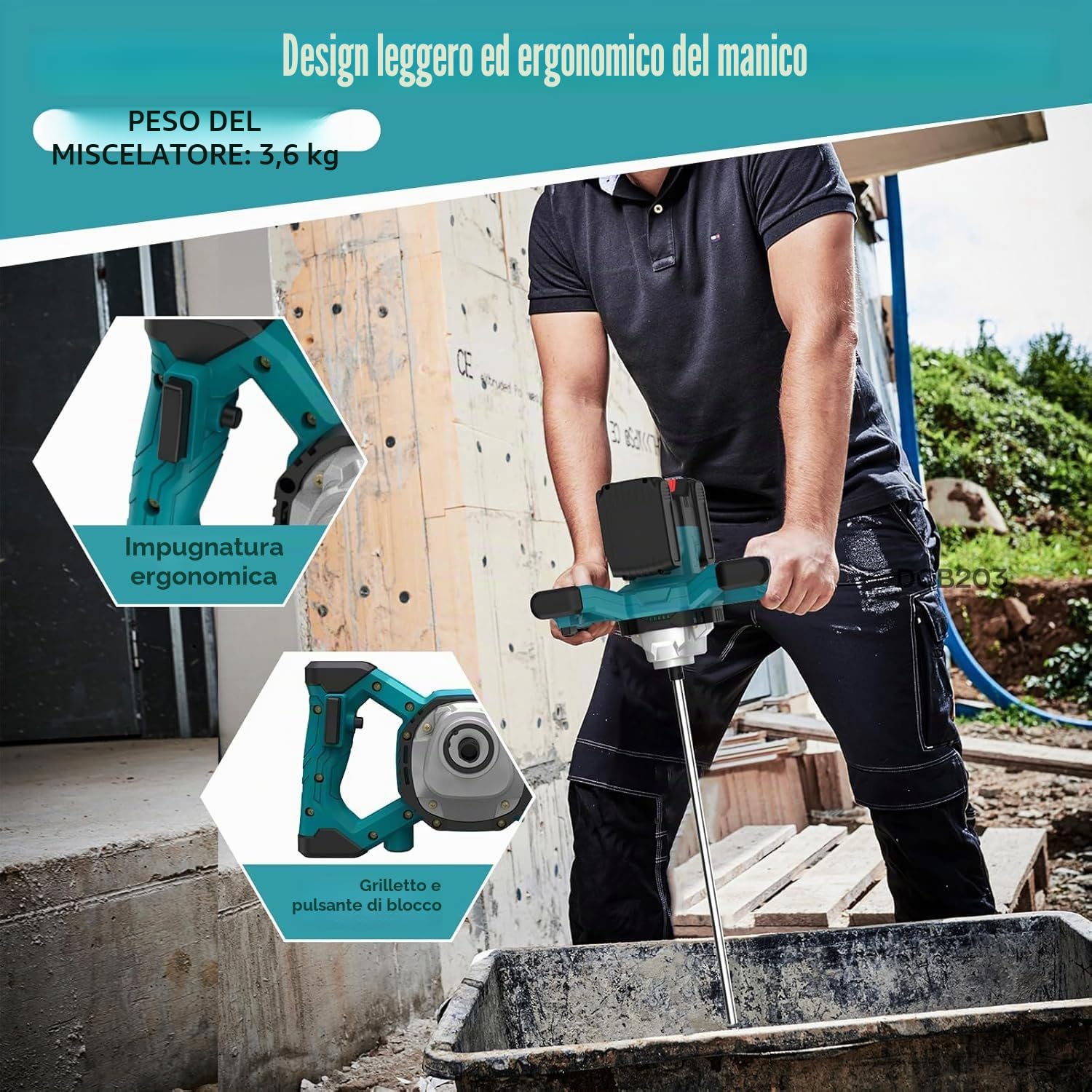 IMAYCC Miscelatore per malta, miscelatore per cemento senza cavo, per batterie MAKITA & DEWALT, miscelatore portatile per calcestruzzo, 21 V, 6 marce, trapano e miscelatore da 1000 W per fango, malta