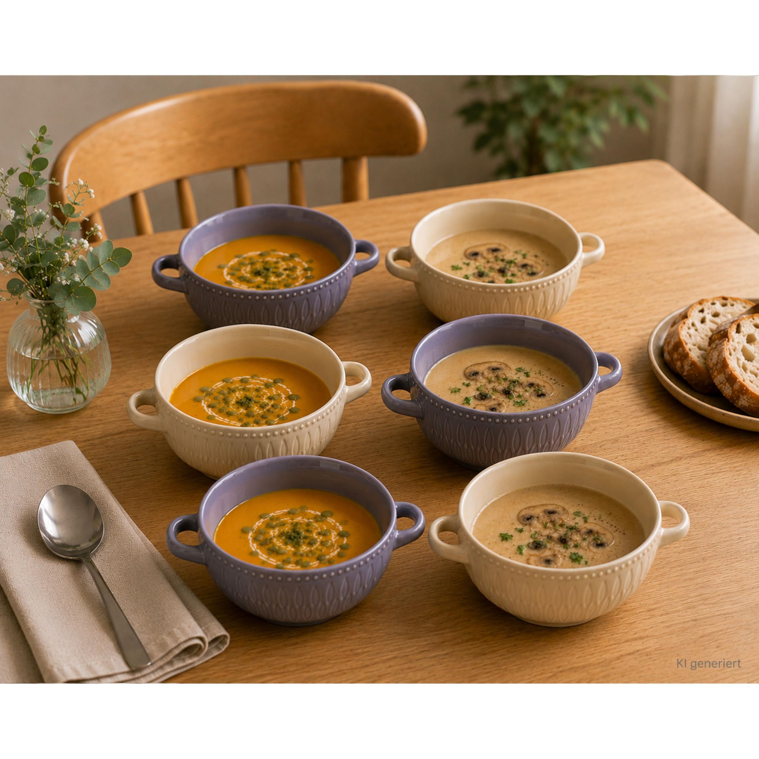 MamboCat Biko 6er Set Suppentassen I 650ml I 6 Personen I Keramiktassen in je 3X Vanille & Grau I Suppentasse mit Henkeln & Reliefdekor für Suppe, Eintopf, Bowl & Ramen
