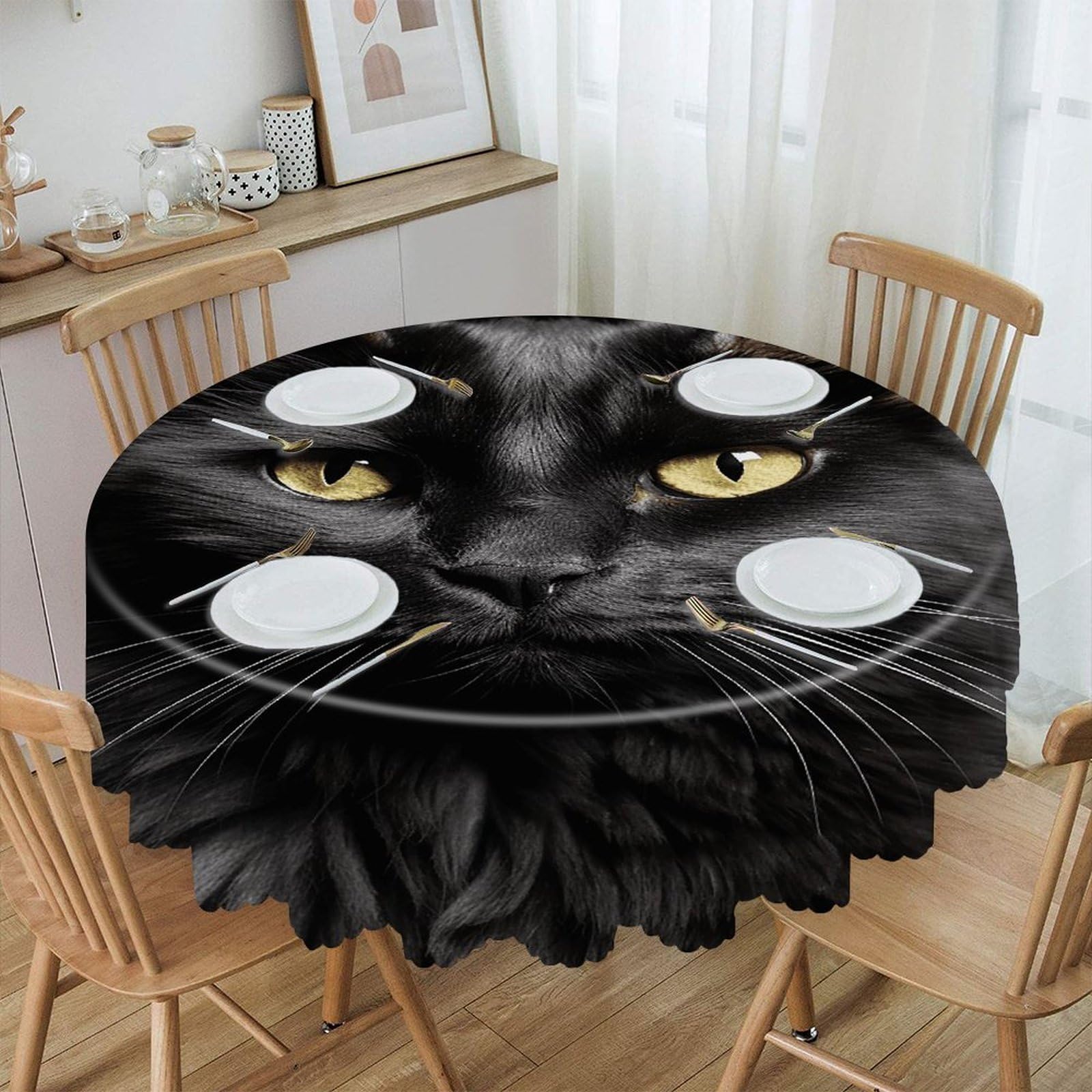 VstaDank A Black Cat on A Black Background Round Tablecloth 60 Inch Easy to Clean Circle Table Cover Thick Decorative Round Polyester Table Cloth for Dining Kitchen Party Farmhouse Outdoor