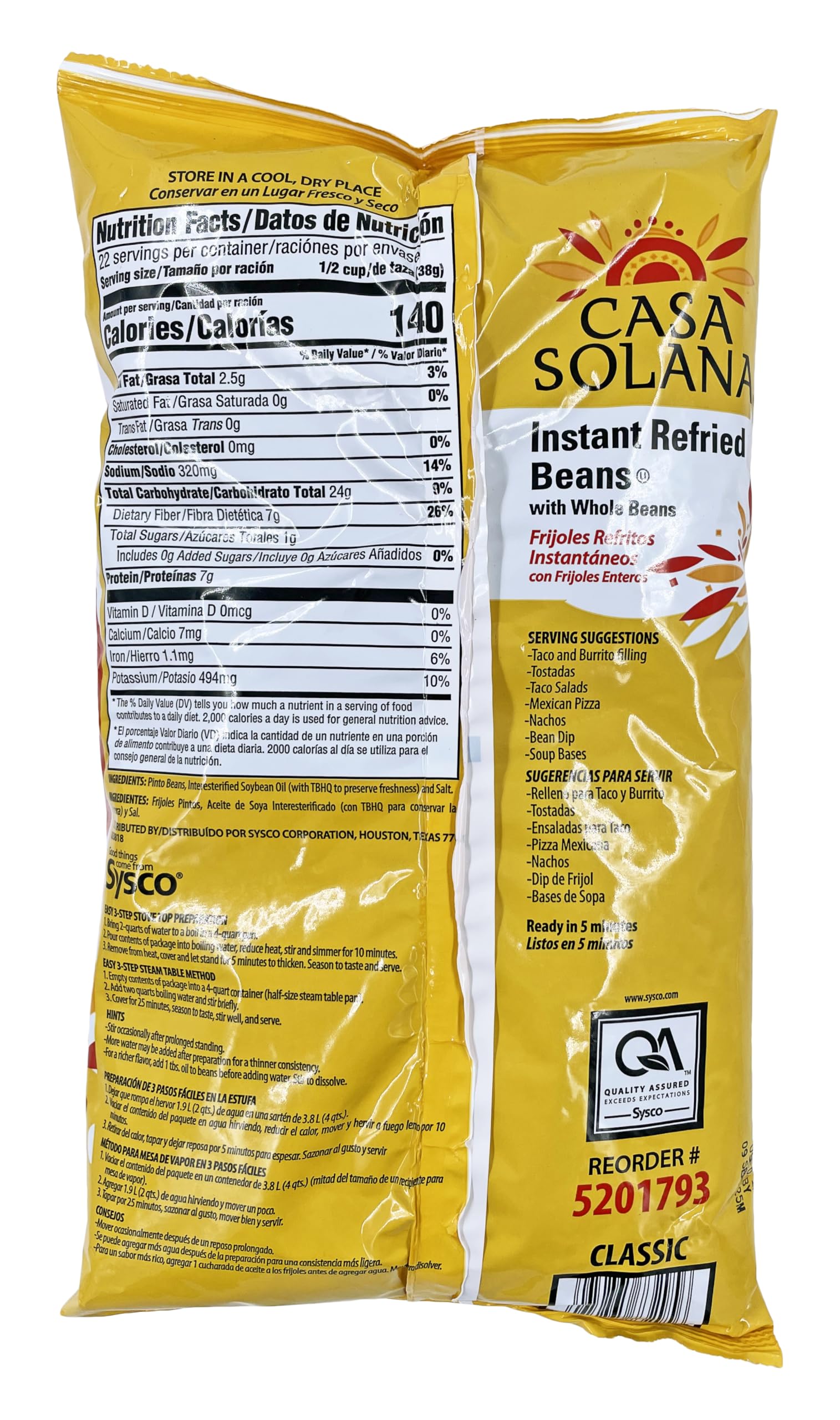 Casa Solana Instant Refried Beans | Dehydrated Vegetarian Whole Bean | Kosher | 30 oz.