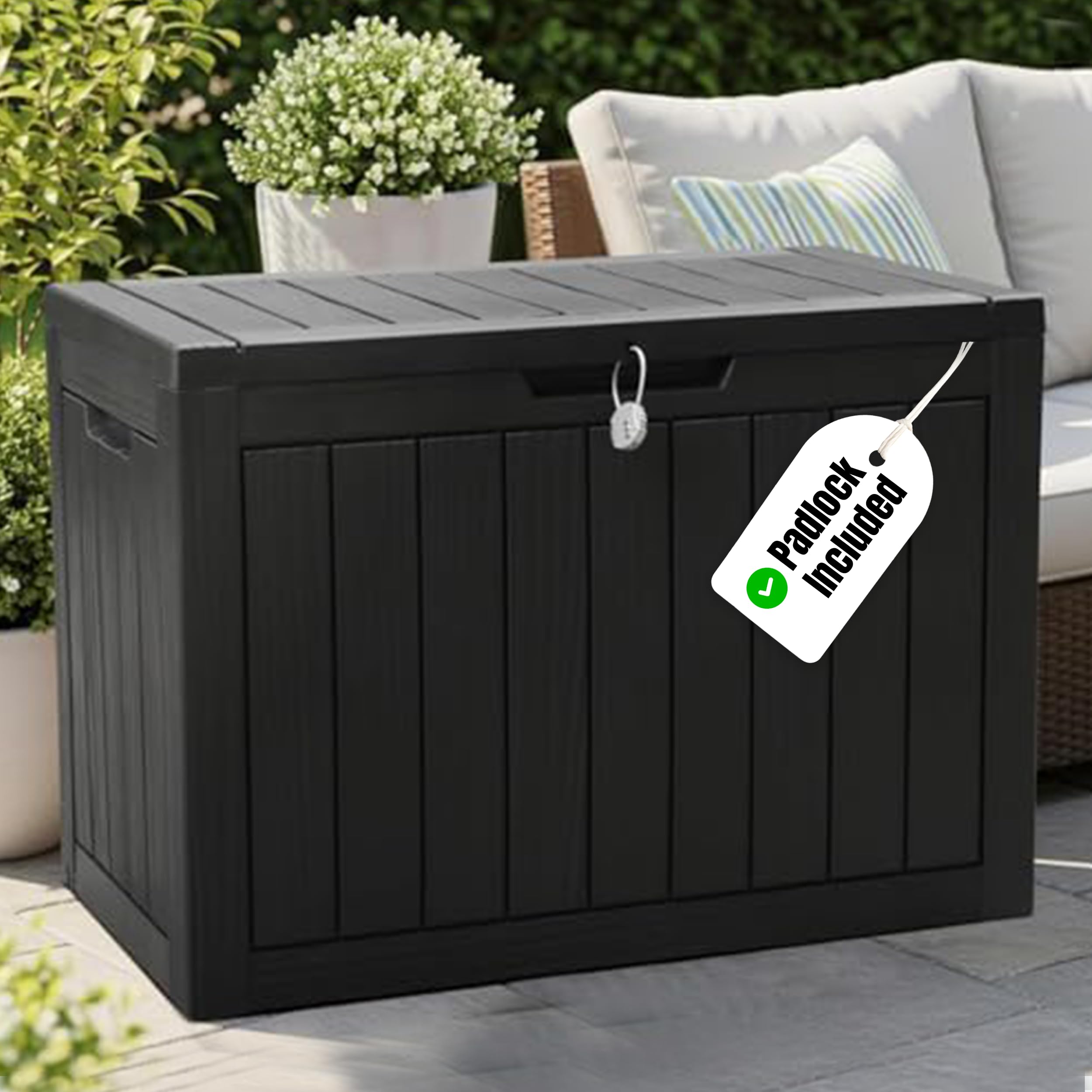 Olsen & Smith 170L Lockable Outdoor Garden Plastic Storage Box Container Chest - Small Lawn Balcony Furniture, Weather Resistant, Wood Panel Effect (Black)