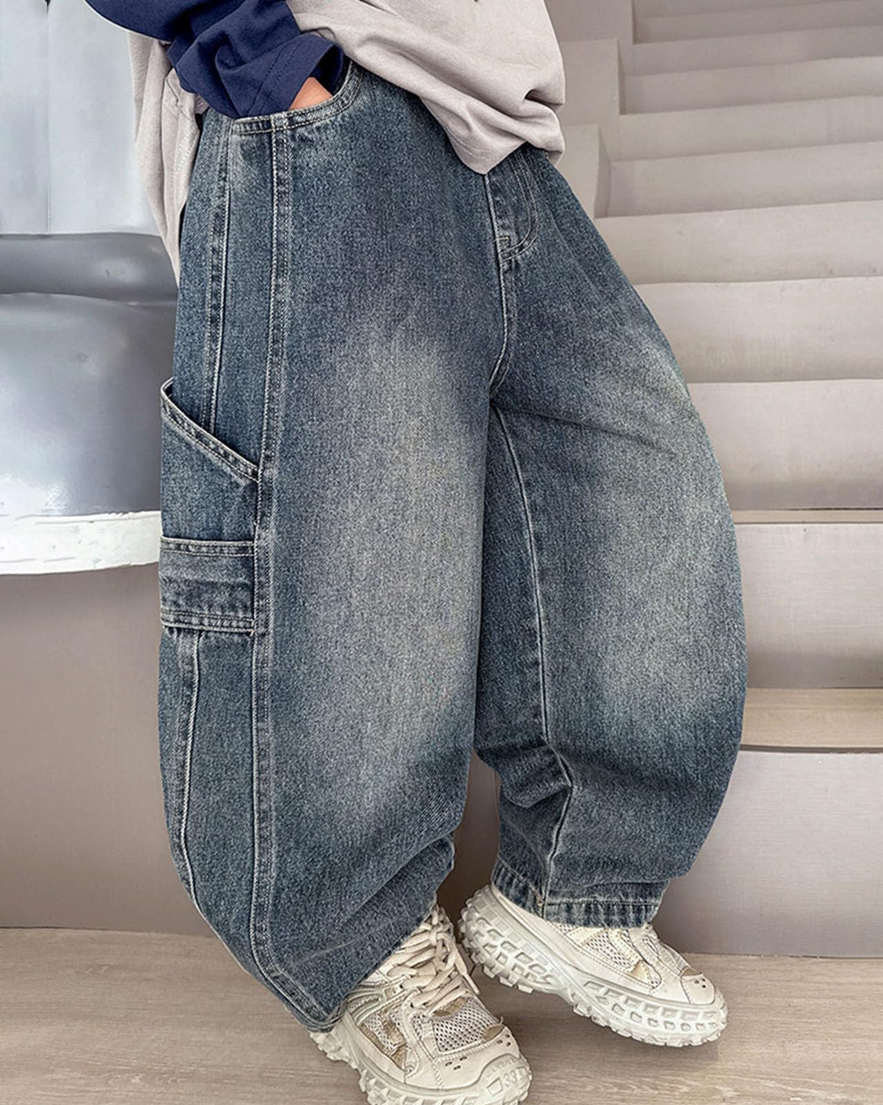 Vaquero Baggy para niños, Cintura Alta Informal, Cintura elástica, Pantalones Vaqueros de Pierna Recta