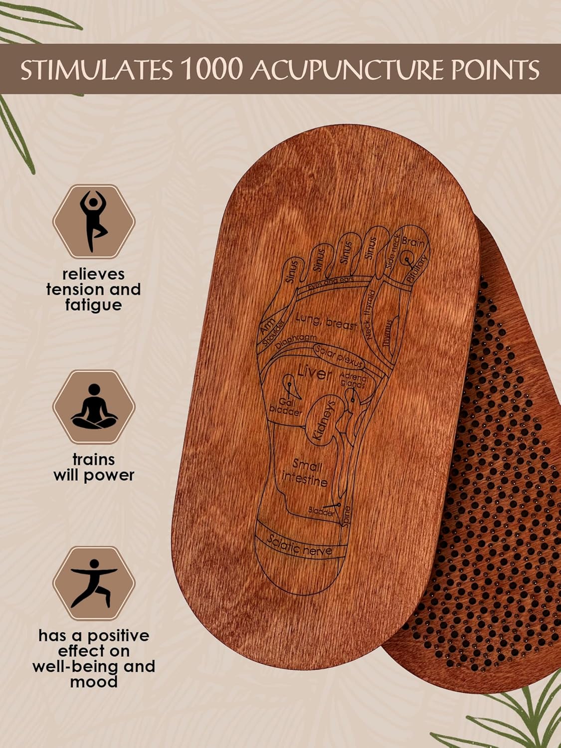 Sadhu Board for Yoga Beginners, Wooden Yoga Board for Acupressure and Meditation with Nails for Deep Tissue Massage, Acupuncture Massage, Nail Distance 0.31 in (8 mm)
