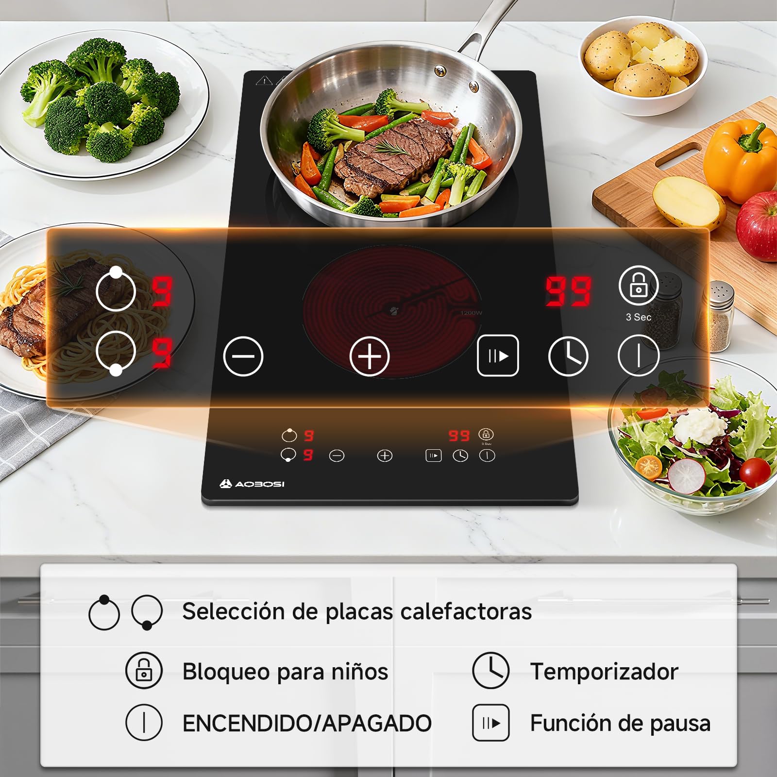 Aobosi Placa Vitrocerámica 2 Fuegos, Domino Vitrocerámica con 9 Niveles de Potencia, Control Táctil, Función de Pausa,Seguridad Para Niños, Timer 99 Min, 3000 W