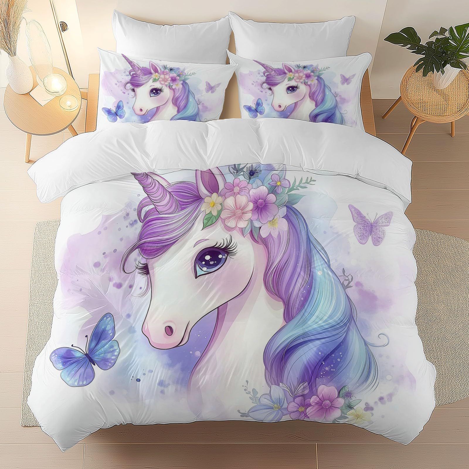 Poszwa na kołdrę 240 x 260 cm - Dream Unicorn Flower Butterfly Print Komplet pościeli z mikrofibry - zamek błyskawiczny - z 2 poszewkami na poduszki - dla dziewczynek chłopców biała dekoracja sypialni