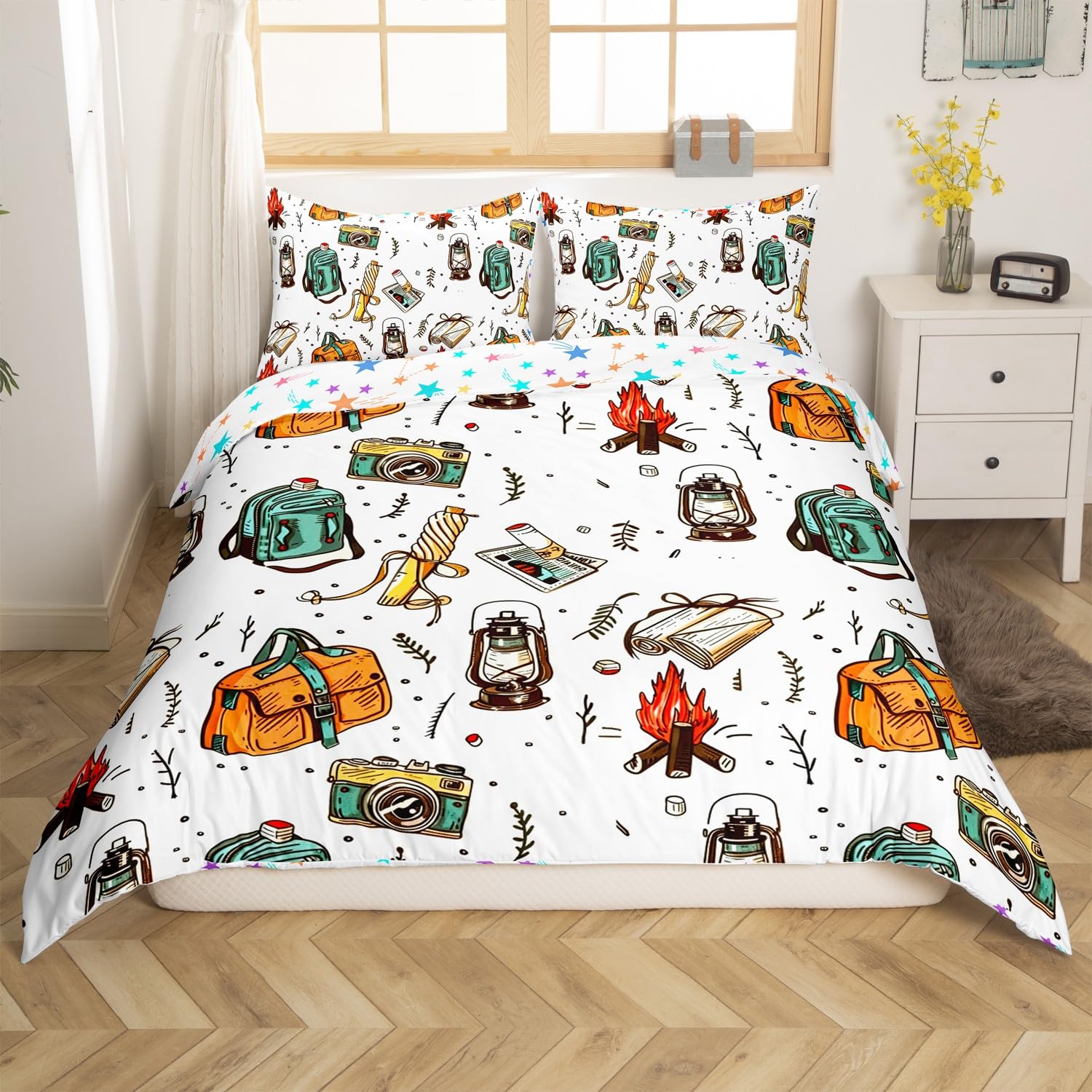 Homemissing Camping Bedding Set King Size Accessories for Travel Trailers Comforter Cover Set for Boys Girls Teens Vintage Duvet Cover Camper Bedspread Cover Room Decor Off-white Quilt Cover โ image 1