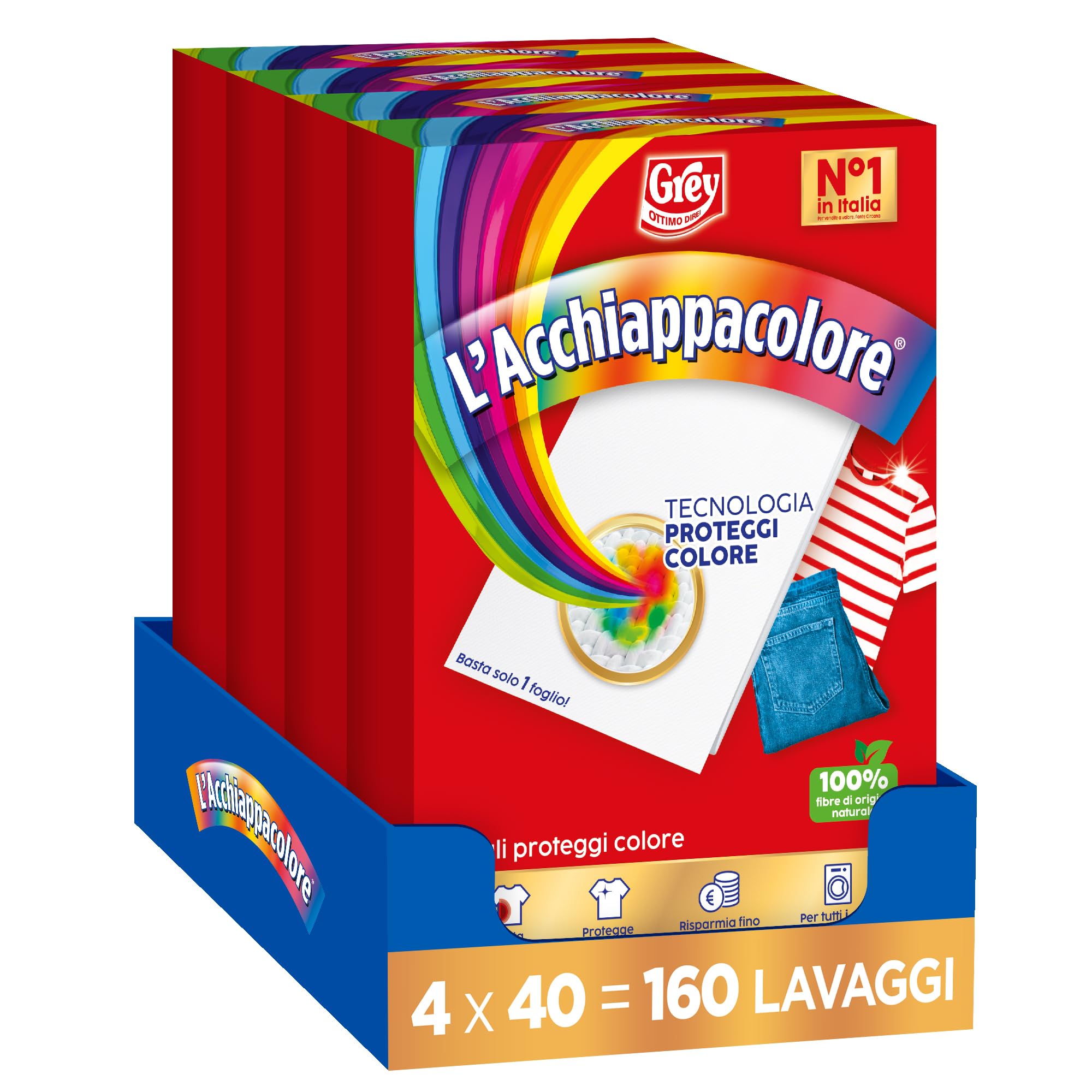 Grey L'Acchiappacolore Fogli Cattura Colore, Evita Incidenti Lavaggio, Confezione da 160 Fogli, 4 X 40