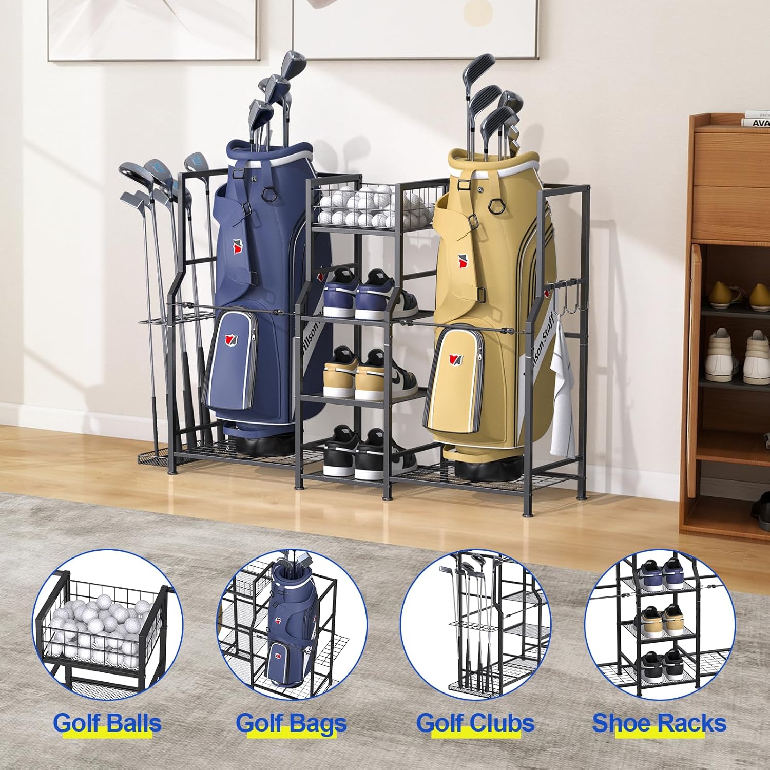 samstar Golf Storage Garage Organizer, Golf Bag Storage Stand 2 Golf Bags and Equipment Accessories, Storage Rack for Home, Garage, Golf Clubs