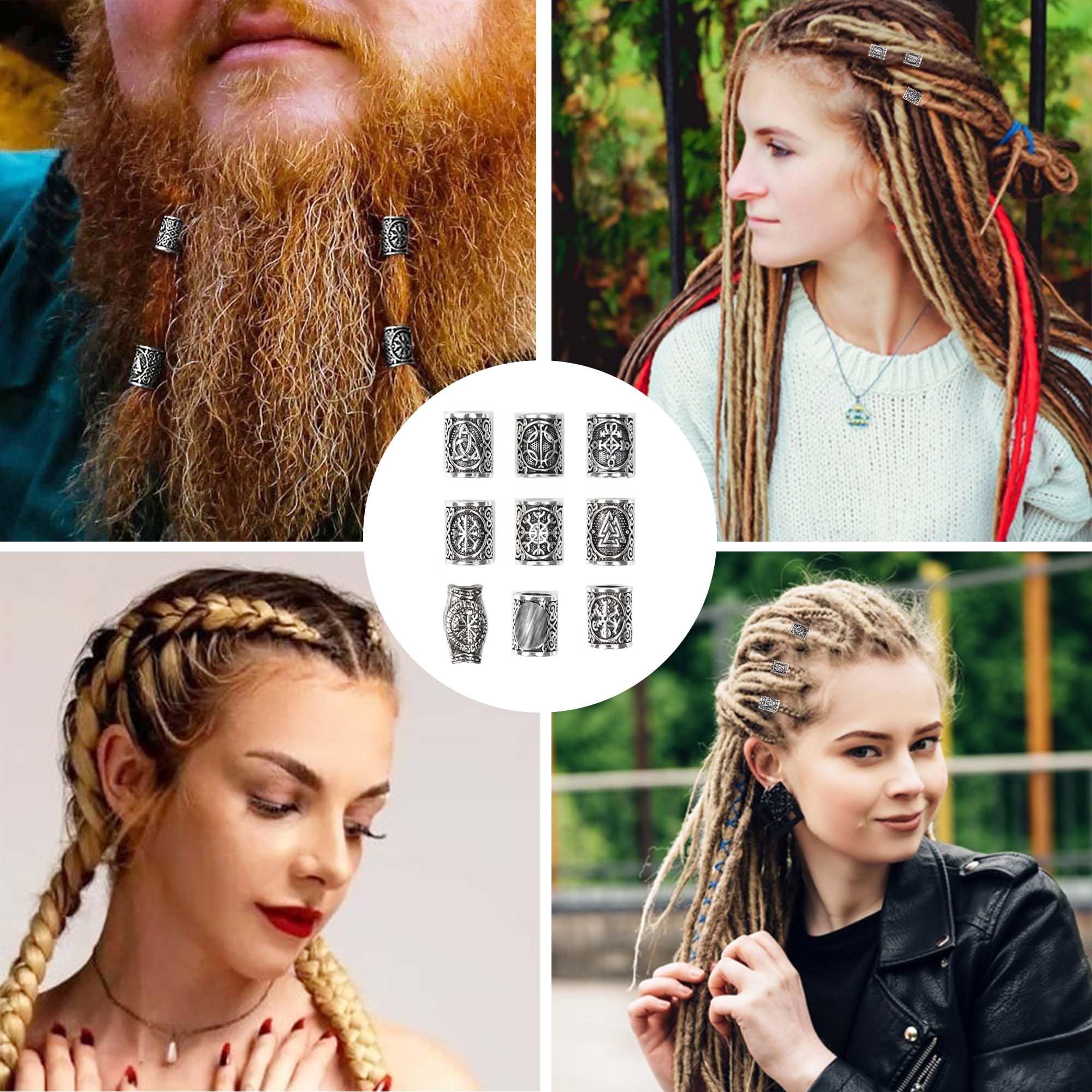 Juego de 9 cuentas vikingas para barba vikinga, para rastas y barba, juego de perlas vikingas nórdicas para mujeres y hombres, trenzas, decoración para trenzar el cabello, joyas de bricolaje