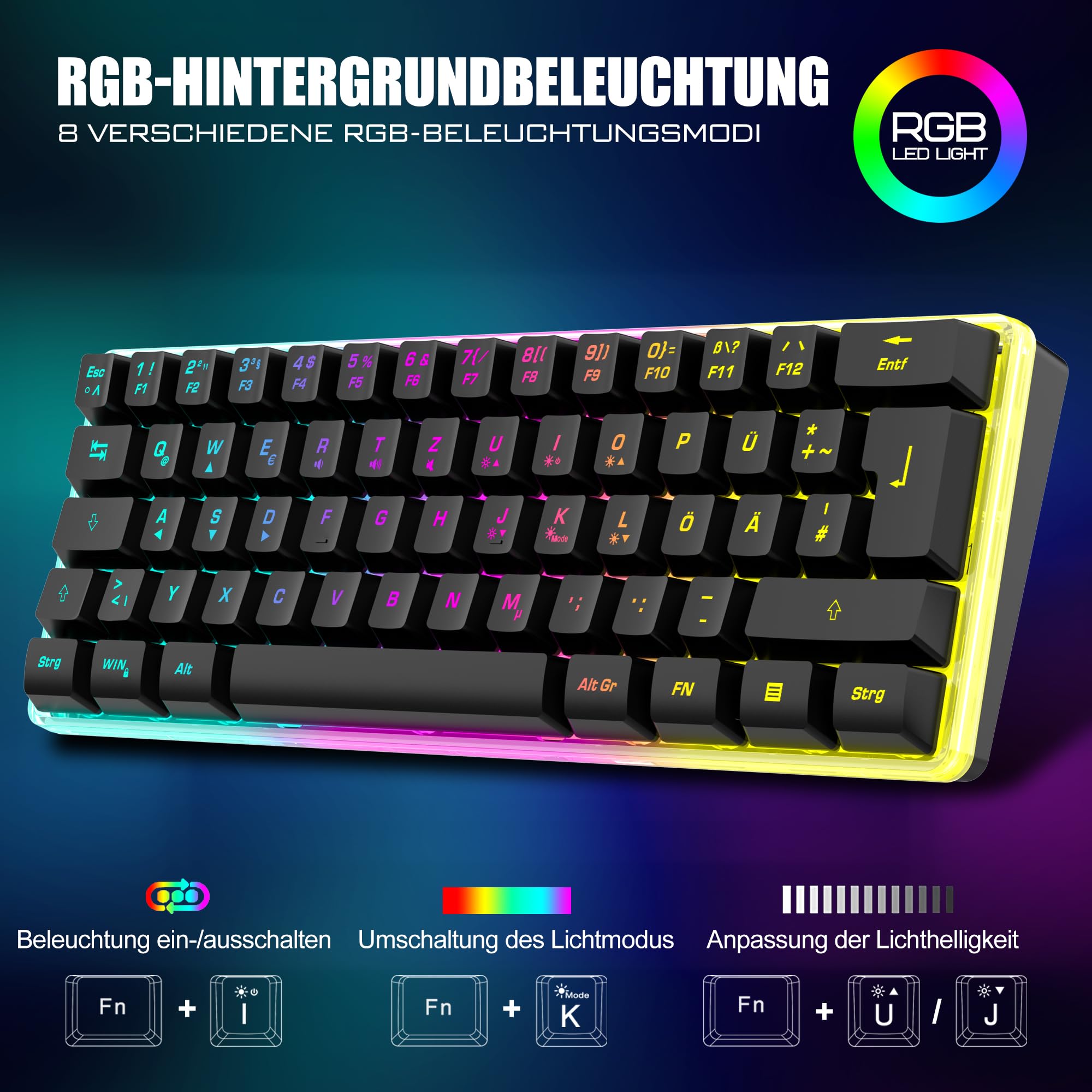 RedThunder 60% Wireless Gaming Tastiera e Mouse Set QWERTZ DE Layout, Tastiera wireless ricaricabile con mouse da gioco ultraleggero con struttura a nido d'ape, per PC MAC PS5 Xbox Gamer, ufficio.