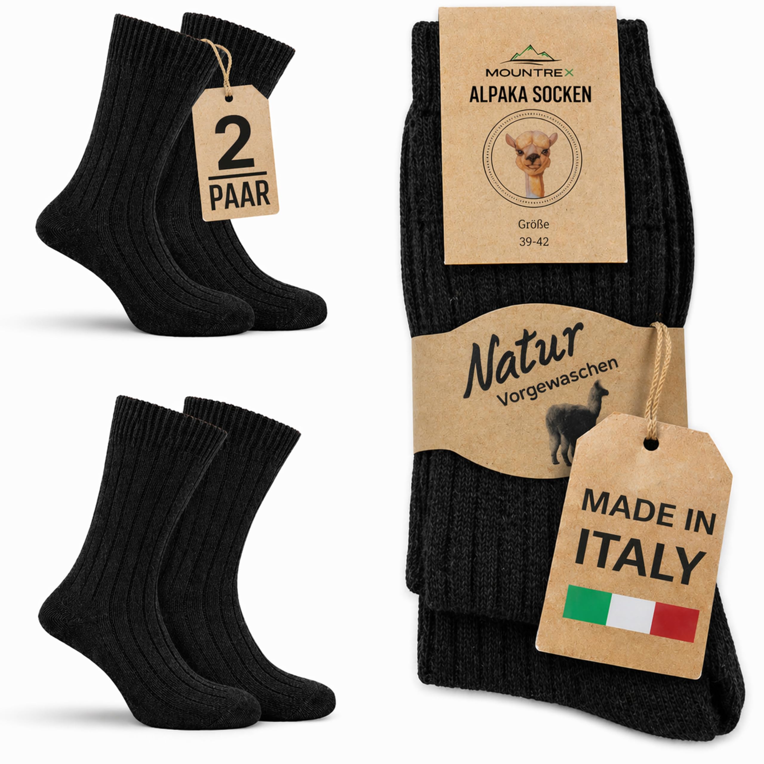MOUNTREX® Alpaka Socken, Wollsocken für Damen und Herren - Wintersocken, Warme Haussocken, Thermosocken - Dünn - Kuschelsocken - 2 Paar