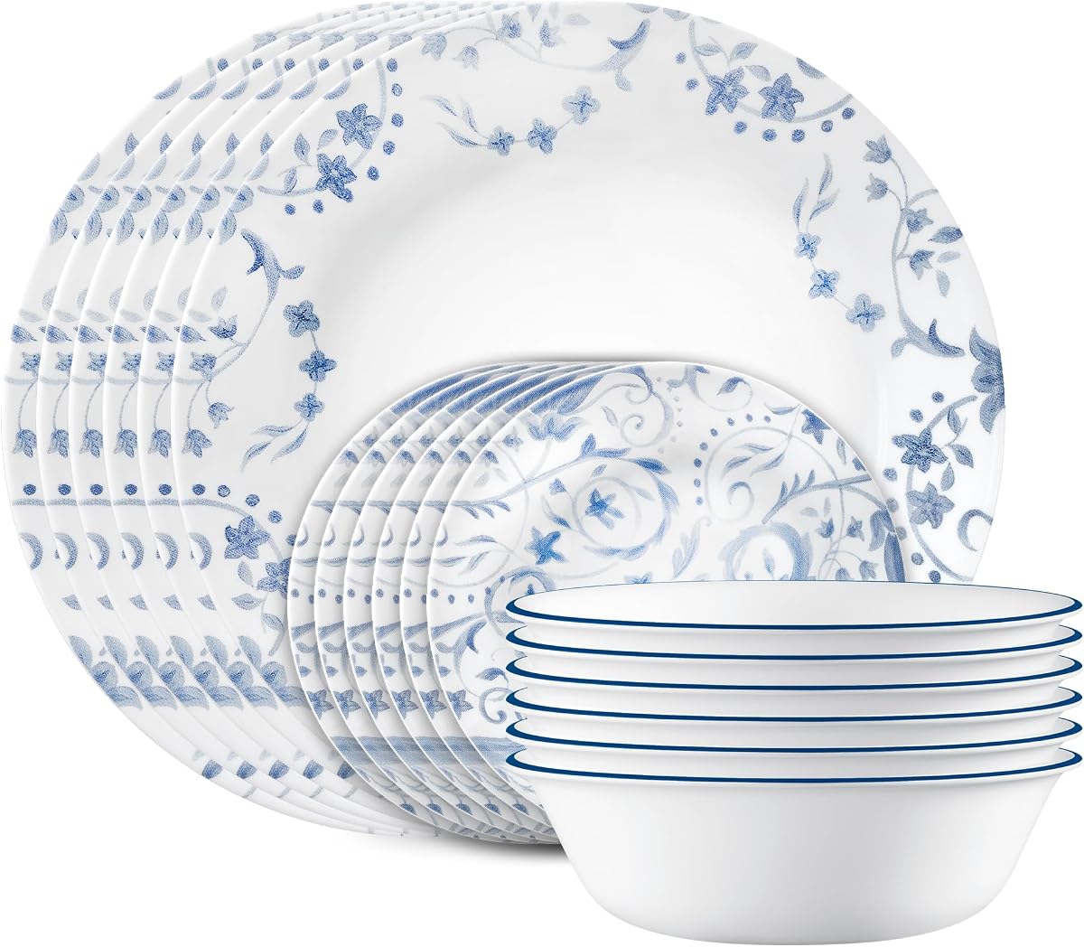 Corelle Vitrelle Servicio de 18 piezas para 6 vajillas, triple capa de vidrio y resistente a astillas, juego de platos y tazones redondos livianos, Darlington