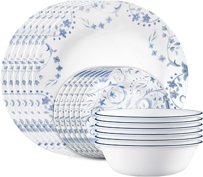 Corelle Vitrelle 18-Piece Service for 6 Dinnerware Set, Triple Layer Glass and Chip Resistant, Lightweight Round Plates and Bowls Set, Darlington