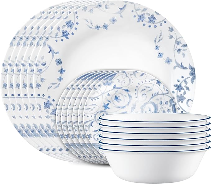 Corelle Vitrelle 18-Piece Service for 6 Dinnerware Set Triple Layer Glass and Chip Resistant, Lightweight Round Plates and Bowls Set, Country Cottage