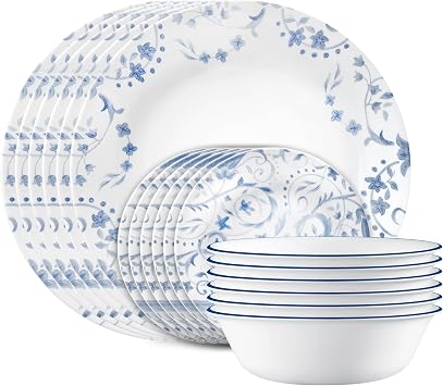 Corelle Vitrelle 18-Piece Service for 6 Dinnerware Set, Triple Layer Glass and Chip Resistant, Lightweight Round Plates and Bowls Set, Darlington