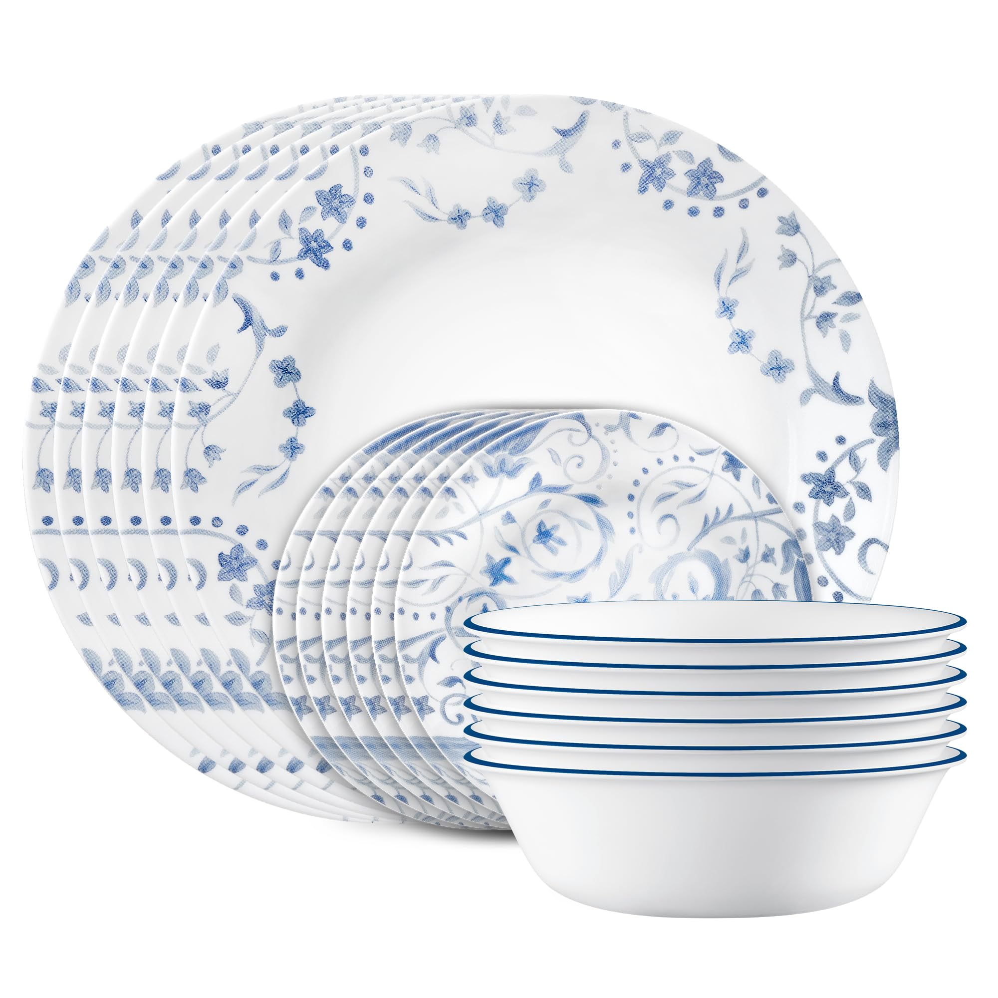 Corelle Vitrelle 18-Piece Service for 6 Dinnerware Set, Triple Layer Glass and Chip Resistant, Lightweight Round Plates and Bowls Set, Darlington