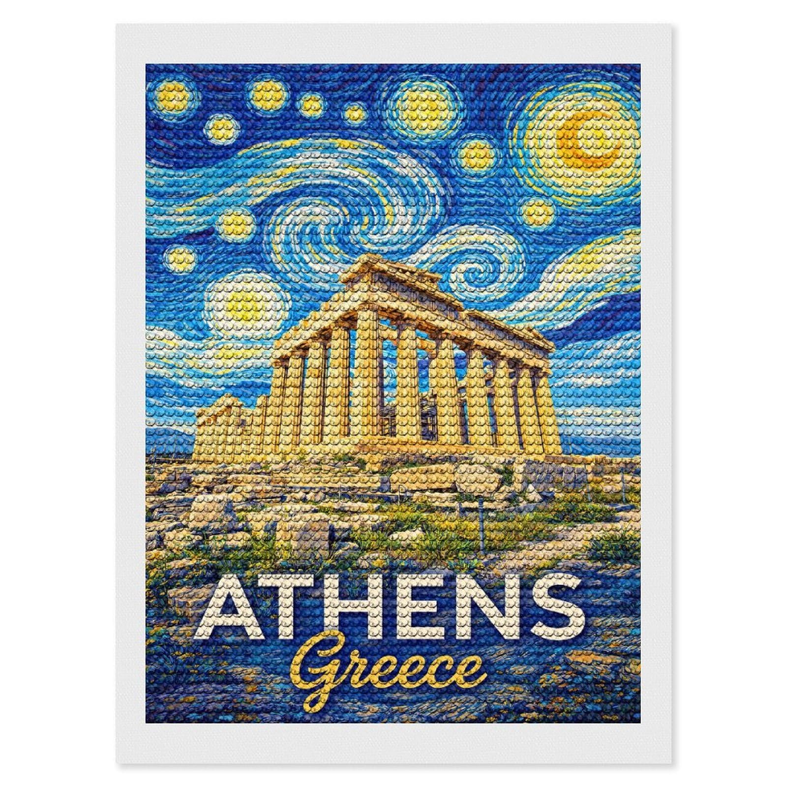 Junmoney Athens Greece Starry Night Diamond Painting Kit 12"x16", Thoughtful Handmade Gift, for Creative Relaxation, Printed Canvas, Cosy Home Accent