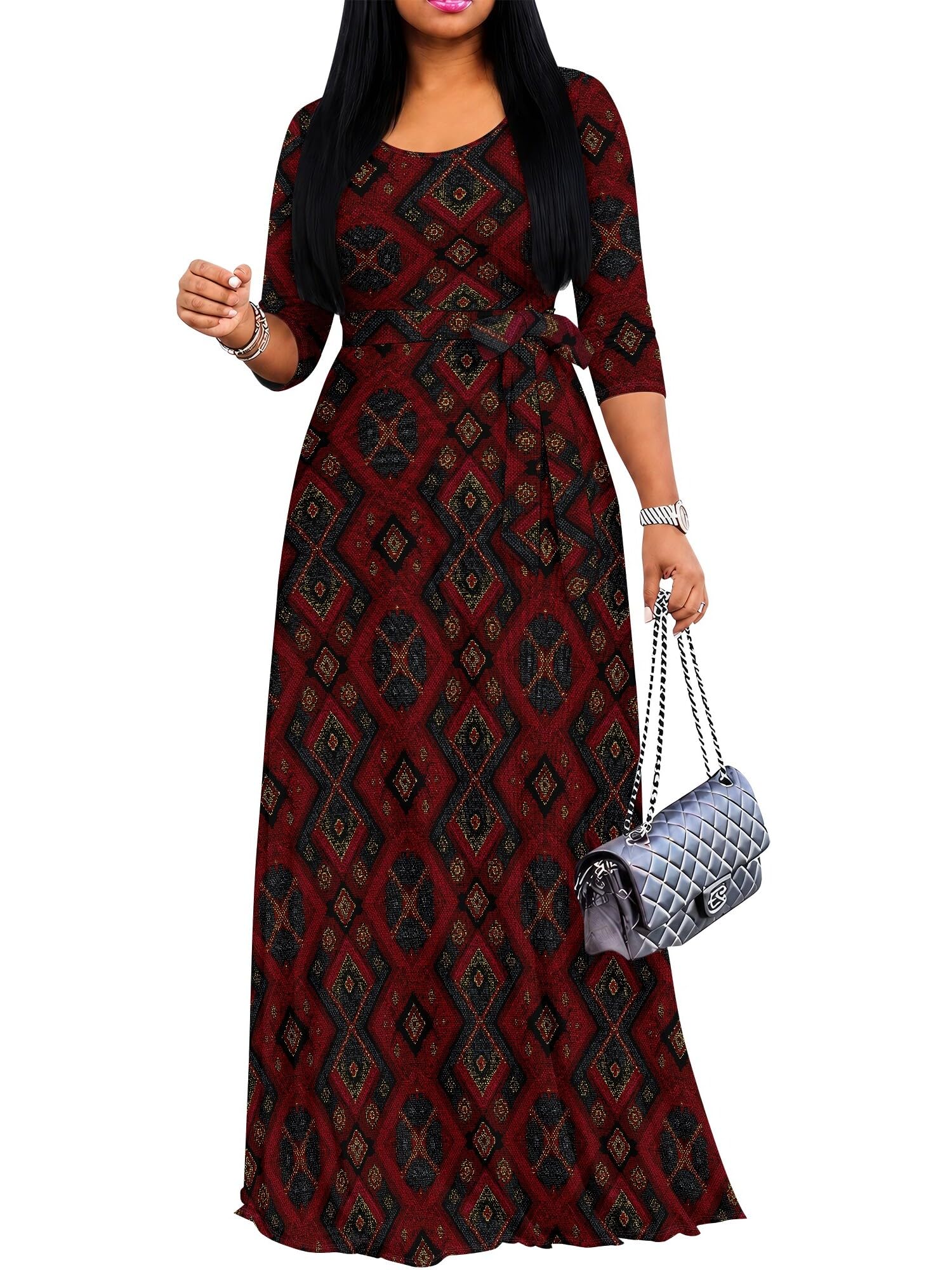 PinkPatty Women's Plus Size V Neck 3/4 Sleeve Boho Maxi Dress with Pockets | Boho printed maxi dress with pockets and tie waist for travel, vacations, weddings, church, parties, and daily wear