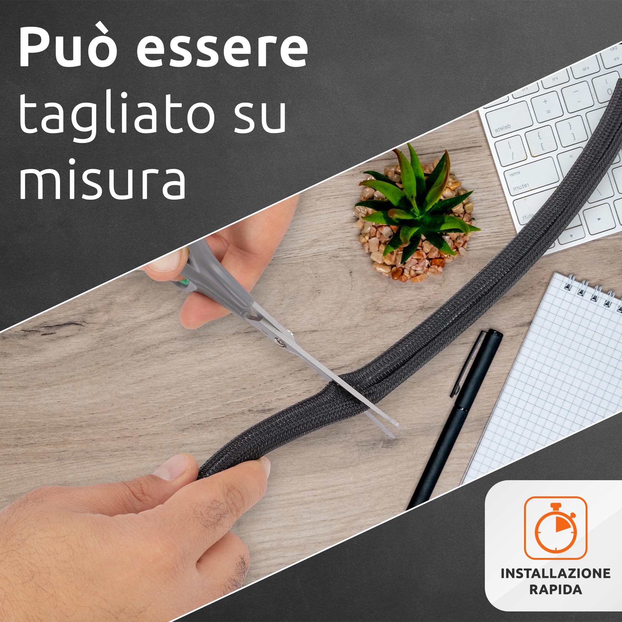 ECENCE 3 Metri Guaina Cavi - chiusura automatica (13-20mm) - Nascondi Cavi Nero - Canalina Passacavi Tagliabile per PC, Scrivania, Ufficio - cable management