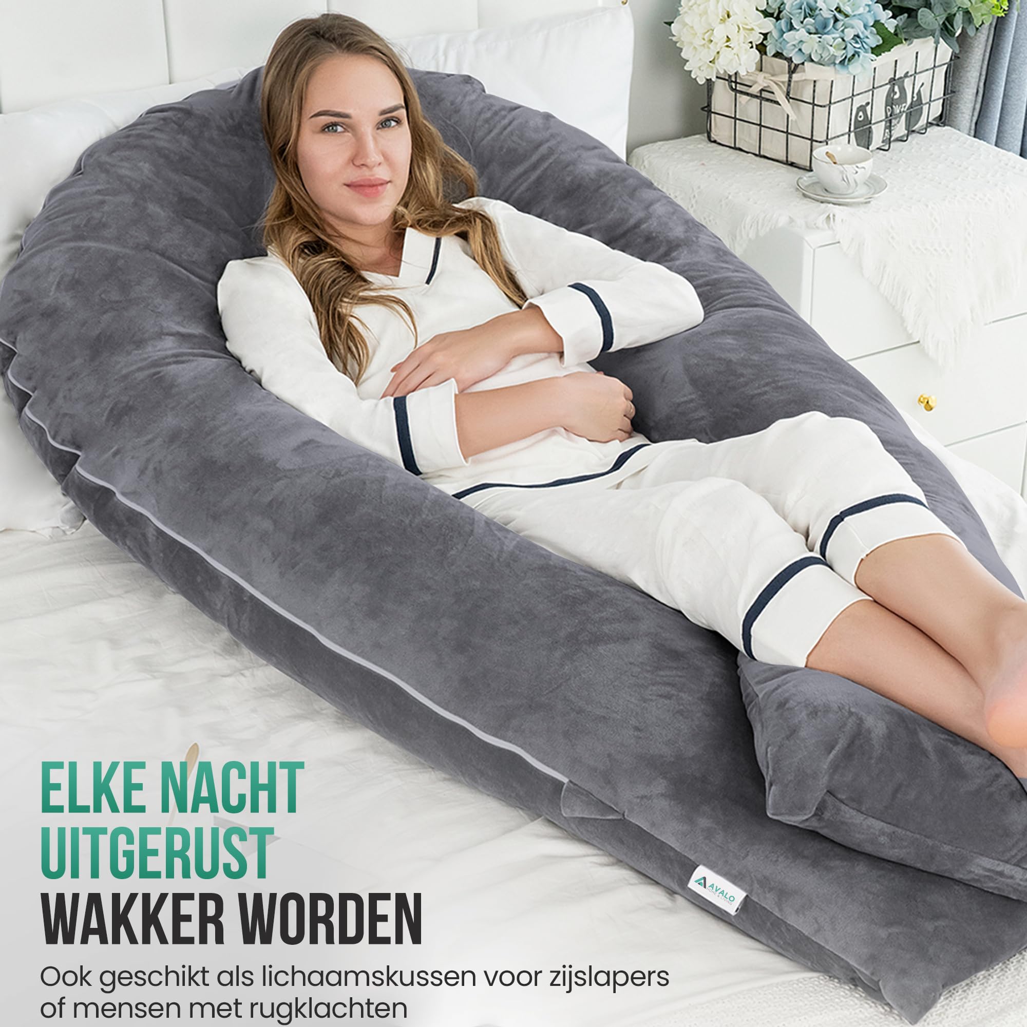 Avalo Cojín de Maternidad XXL 280 cm - Cojín lateral en forma de U - Cojín ergonómico para el cuerpo - Cojín de Nutrición y Almohada para el Cuerpo para Mujeres Embarazadas - Gris Oscuro