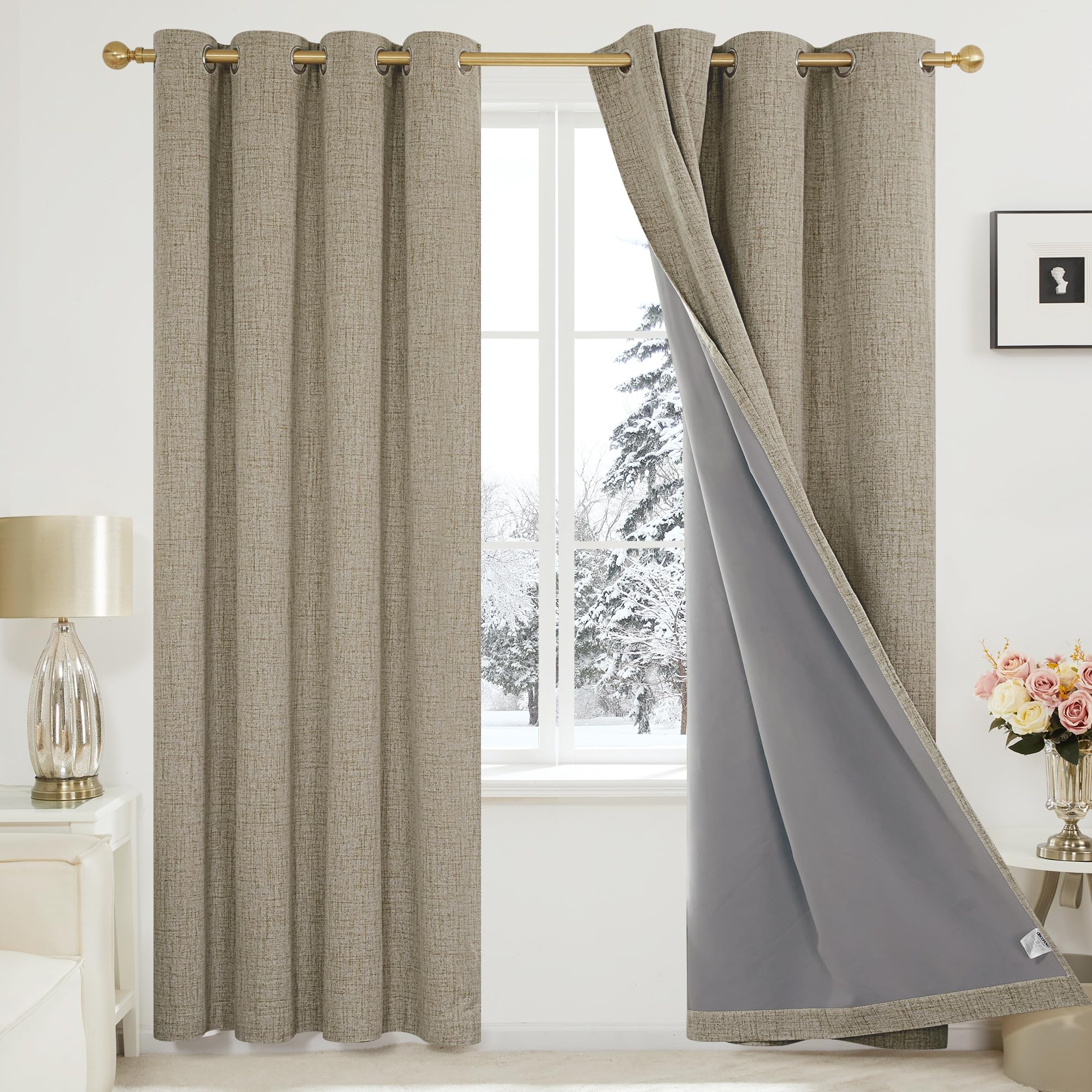 Deconovo 100% Blackout Curtains 90 Inch Drop Faux Linen Thermal Eyelet Curtains for Living room Bedroom with Coating Oatmeal Sand W46 x L90 One Pair