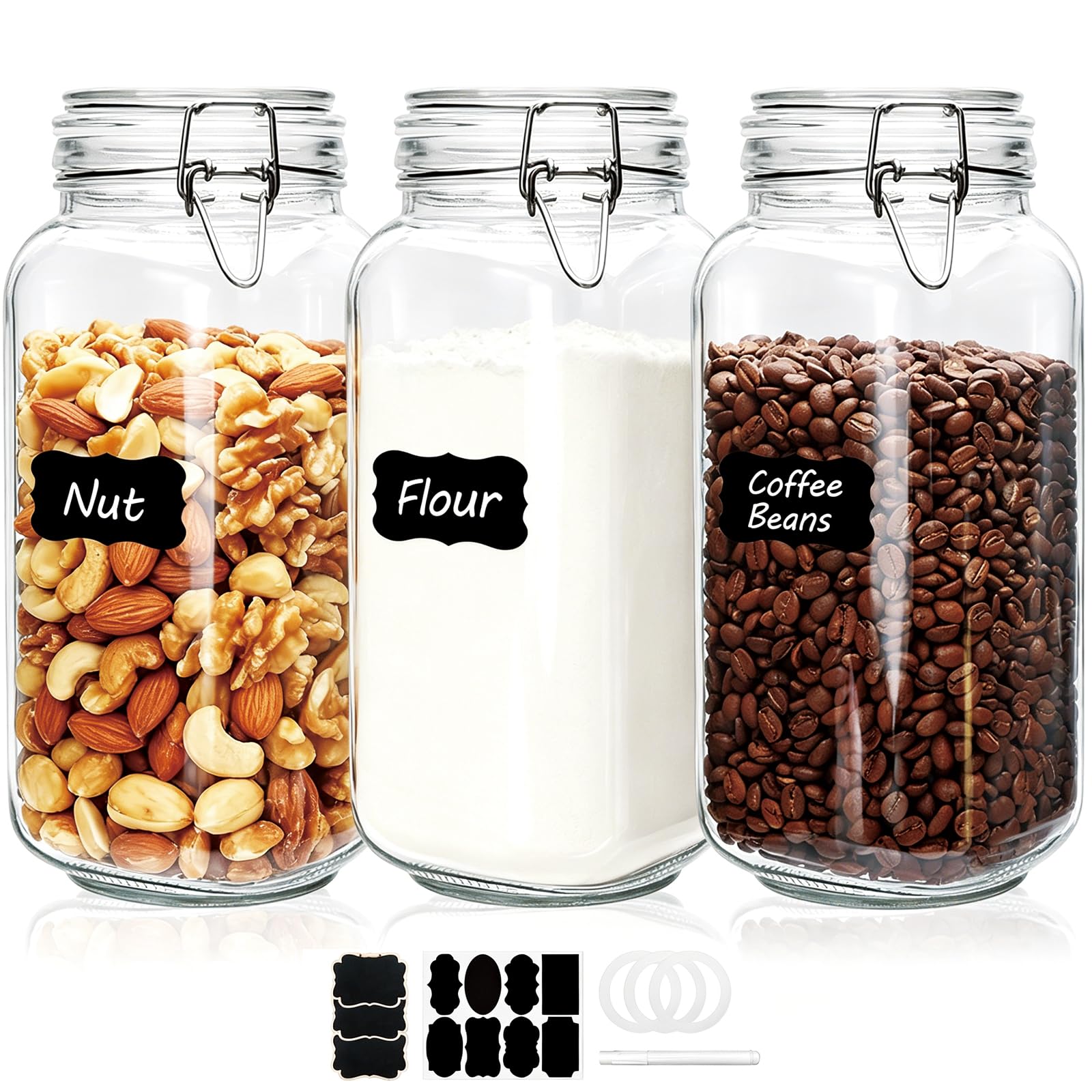 Flrolove Vorratsdosen aus Glas mit luftdichtem Deckel, Vorratsdosen mit Deckel, quadratisch, groß, luftdicht, perfekt für die Küche, Müsli, Nudeln, Mehl, Kaffeebohnen, 2,2 l, 3 Stück