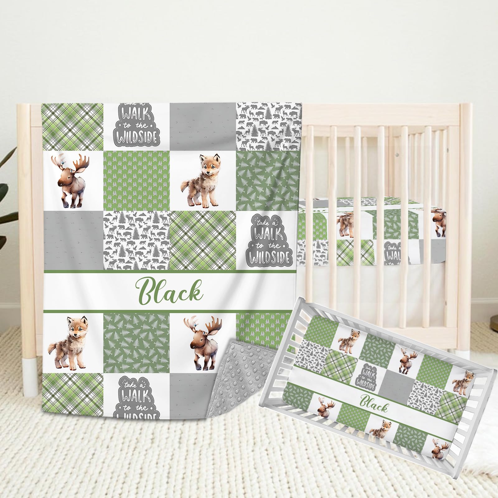 Personalized Crib Bedding Sets for Boys Girls, Custom Baby Bedding Set with Name, Woodland Animals 2 Piece Nursery Bedding for Baby Newborn Infant, Name Comforter Fitted Crib Sheet Set for Babies
