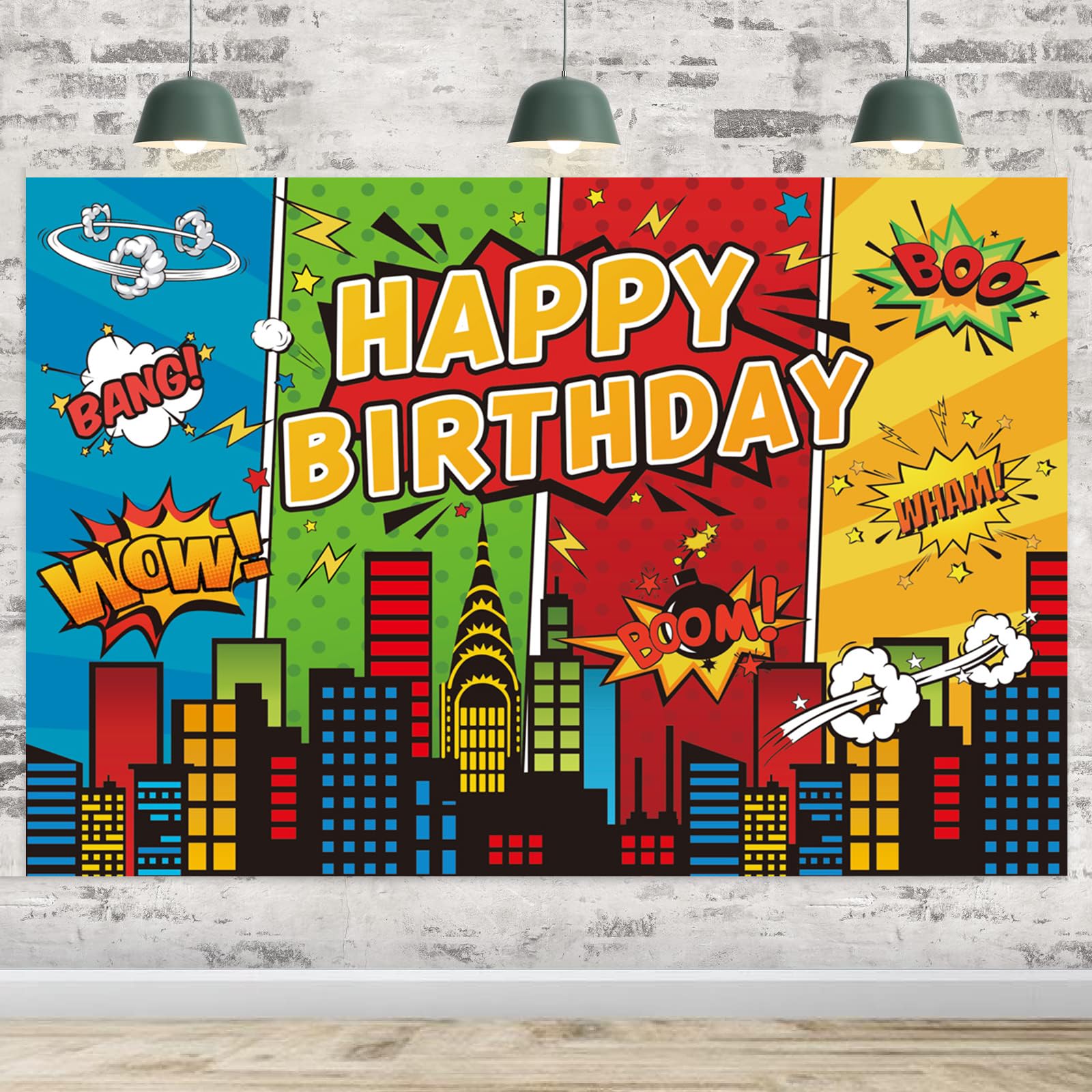 5x3ft Cartoon Super City Backdrop Superhero Birthday Theme Decoration Banner for Children Boys Heros Comic Party Decorations Urban Cityscape Night