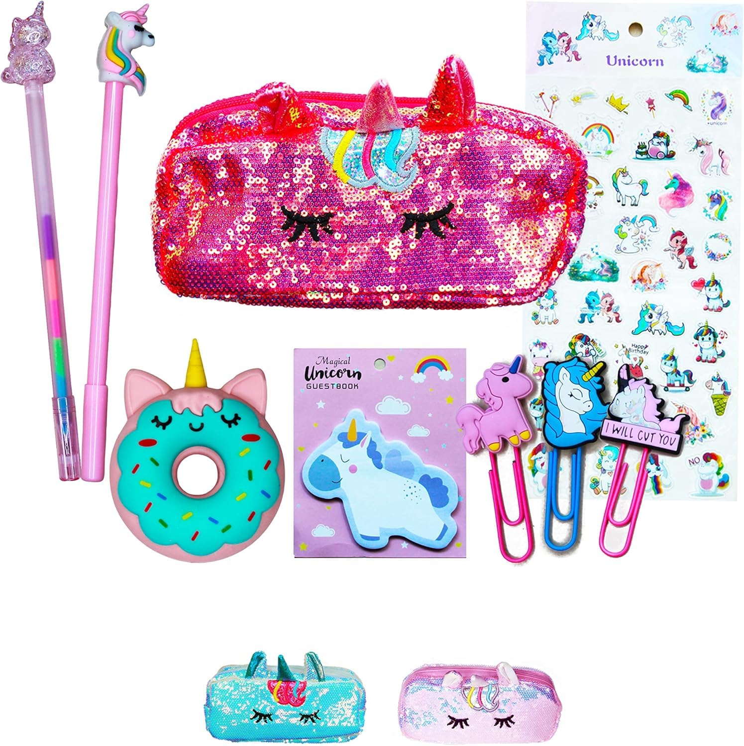 PEAKY KIDS Unicorn Pencil Case for Girls, Multi Slot Large Capacity Pencil Case for Kids with Gel Pens, Eraser, Stickers & Tattoos, Eid Gift Set - Glamorous RED