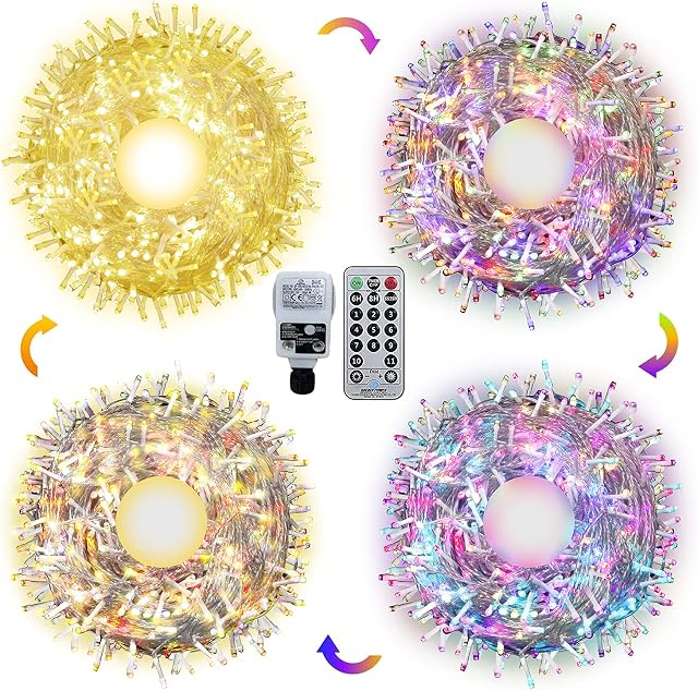 CERIAL Christmas Outdoor Fairy Lights String Mains Powered 100M Long Garden Fairy Lights Outside Tree Lights Plug in 4 Color Changing Waterproof with Remote for Indoor Gazebo Balcony Decor