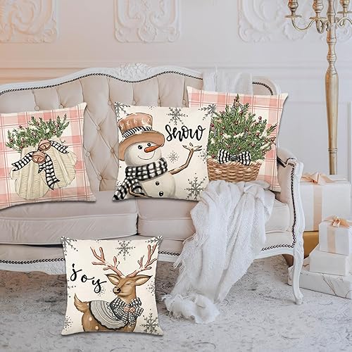 Miniatura 2 de Juego de 4 fundas de almohada de Navidad de 20 x 20 pulgadas, juego de 4 fundas de almohada navideñas a cuadros de búfalo para vacaciones de