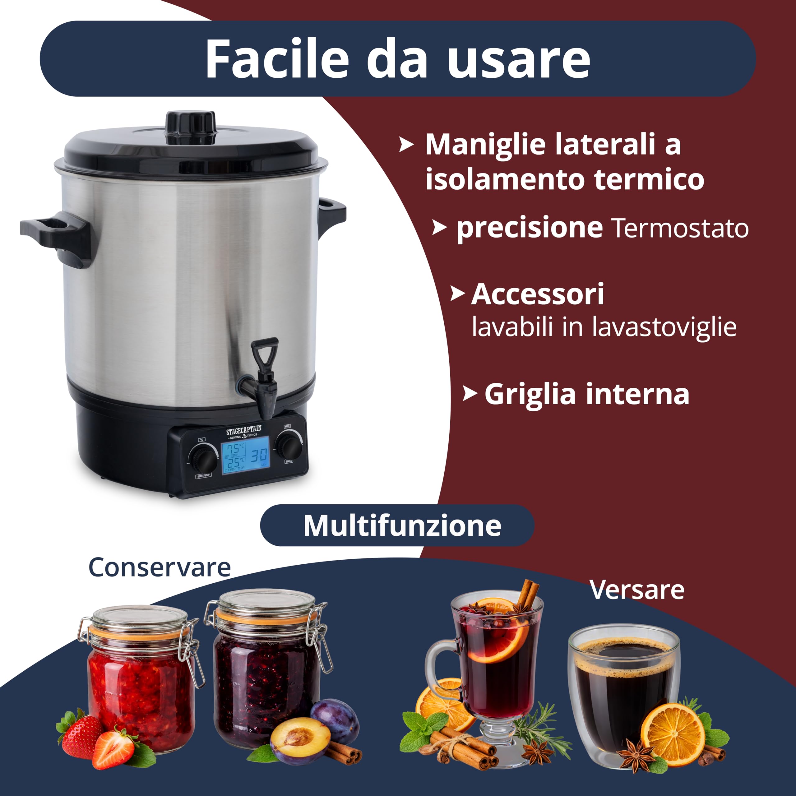 Stagecaptain GWK27D Scaldavino 27 L per vin brulé, bevande calde, marmellate, frutta e zuppe — 2000 W, acciaio inox, regolatore temperatura, timer, spegnimento automatico, display LCD