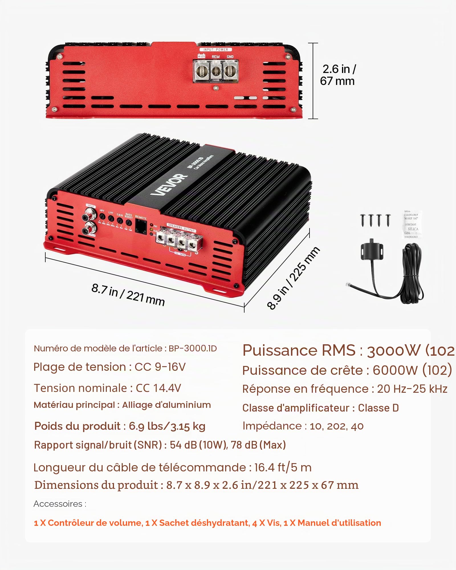 VEVOR Ampli Voiture Monobloc, Amplificateur Audio Auto 1 Canal, Classe D, 3000 W RMS Max, Stable sous 1/2/4 ohms, avec Télécommande pour Niveau du Subwoofer, Filtre Passe-bas, Amplification des Basses