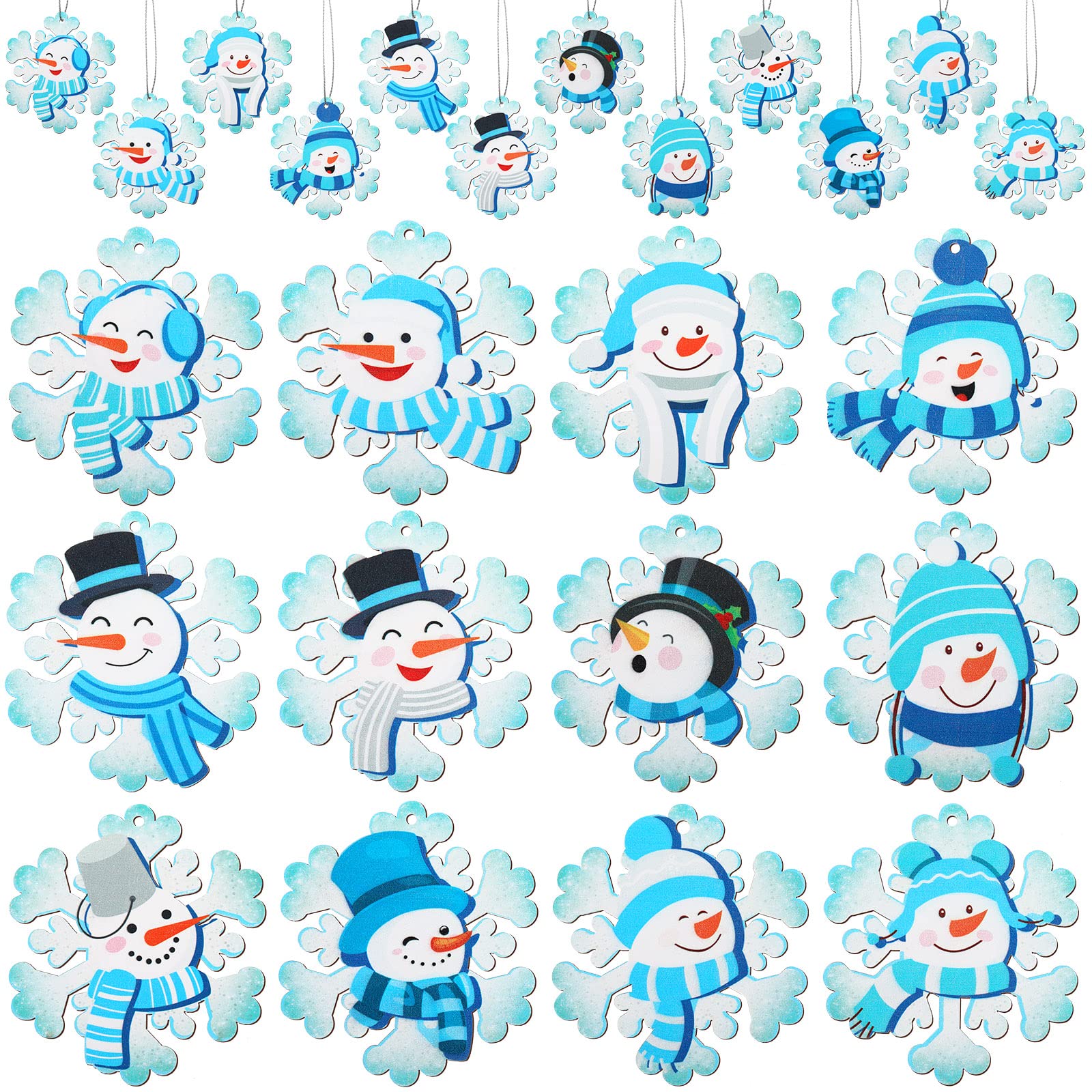 24 Stück Winter Schneeflocke Schneemann Hängende Ornamente Winter Schneemann Handwerk Holz Schneeflocke Ornamente Schneeflocke Dekorative Handwerk Baum Holzscheiben mit Seilen für Weihnachtsbaum