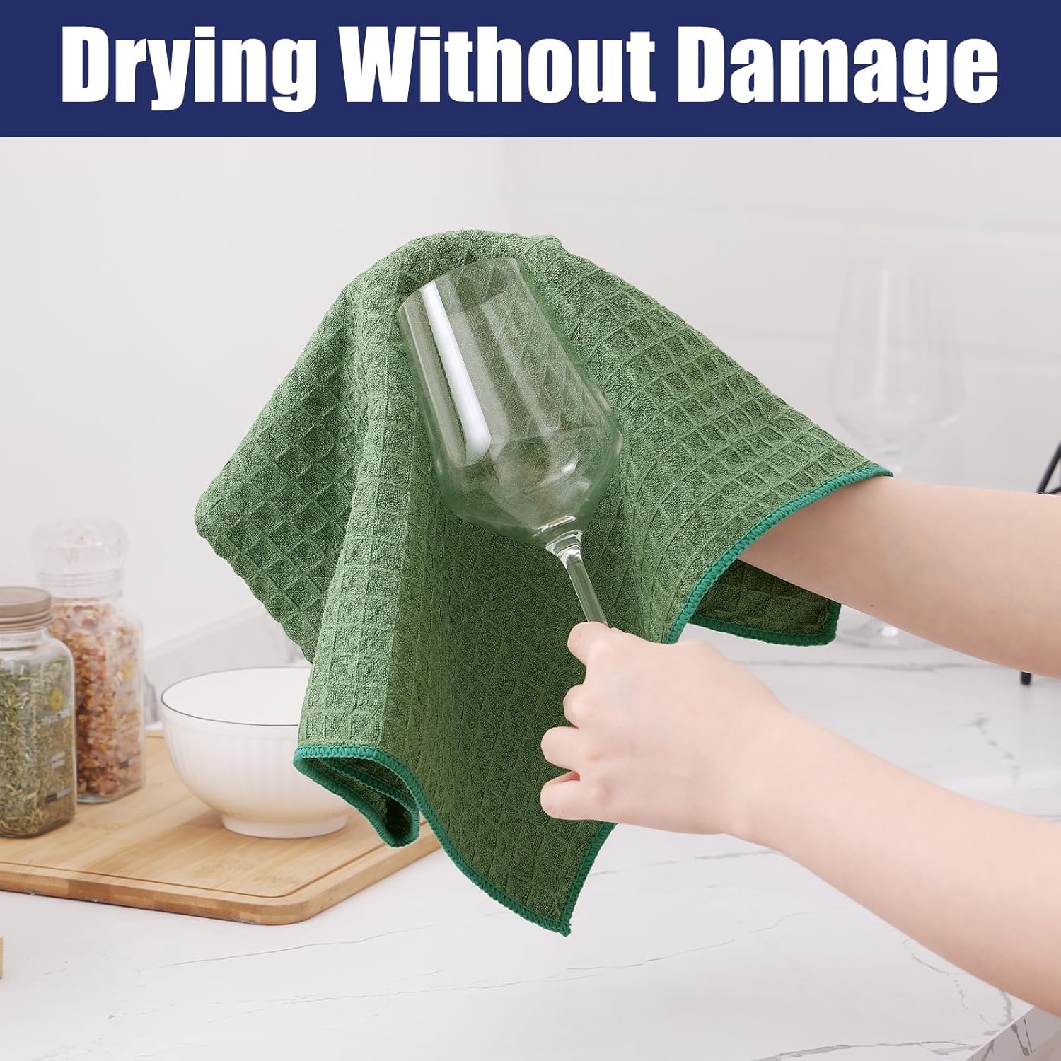 Homaxy Microfiber Waffle Weave Kitchen Towels Set, 16 x 28 Inch and 12 x 12 Inch Ultra Absorbent and Solid Color Dish Towels, 12 Pack, Grass Green