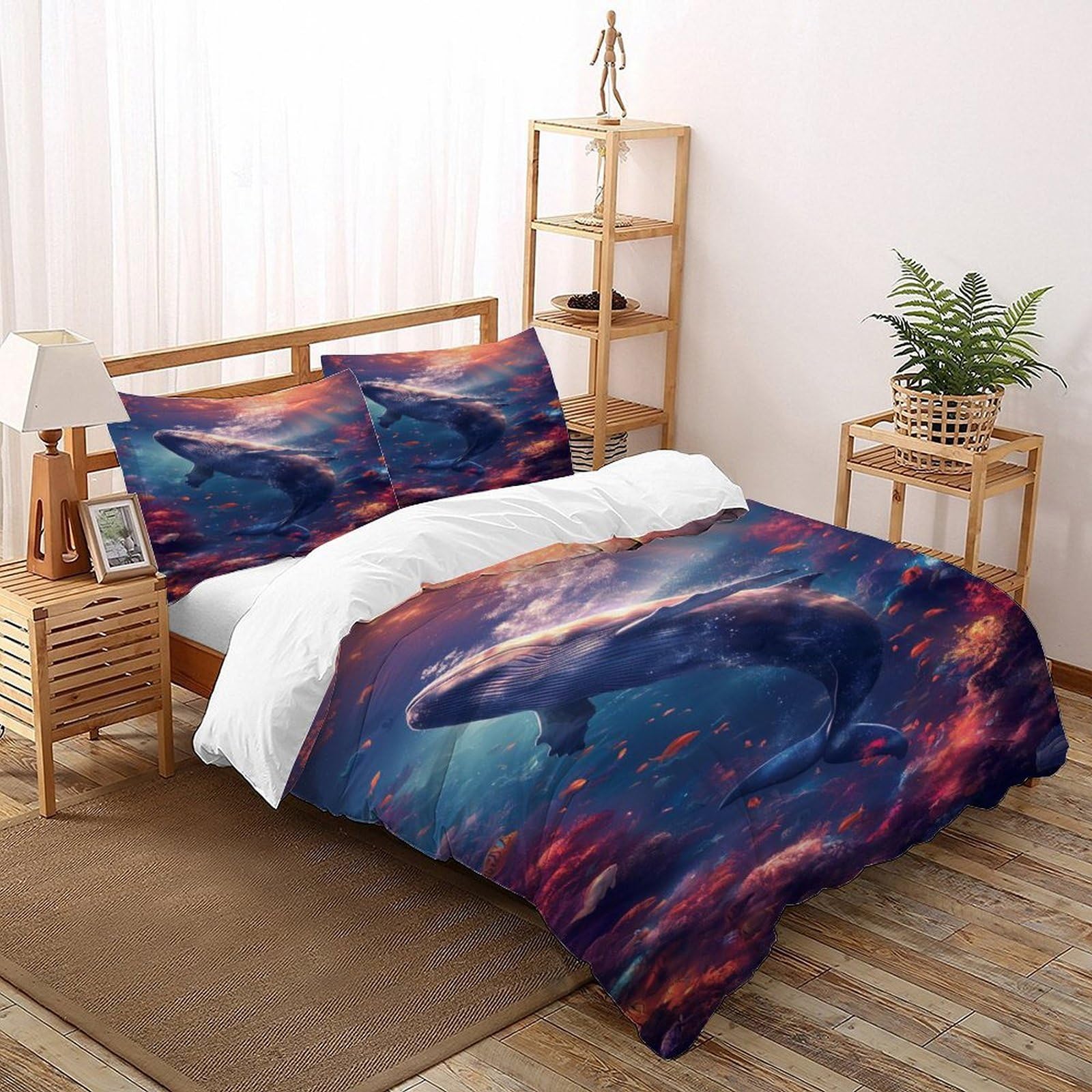 Whale Coral Bedding Set Theme Bedspread Animal Theme Wildlife Marine Animal Duvet Cover Set Microfiber Comforter Cover Universal for All Seasons Pillowcase Super King（260x220cm）