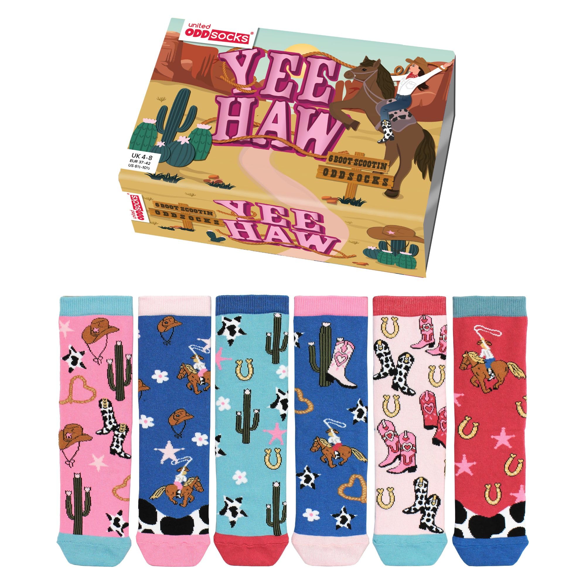 United Oddsocks Women's Yeehaw4-8 Yee Haw ’S Gift Box – 6 Mismatched Cowgirl Socks